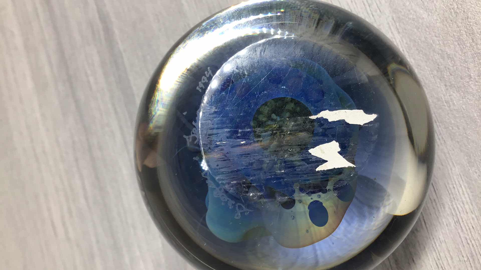 Photo 1 of UNIQUE BLOWN BUBBLED GLASS SPHERE SIGNED BY ARTIST 2.5” X 1.5”