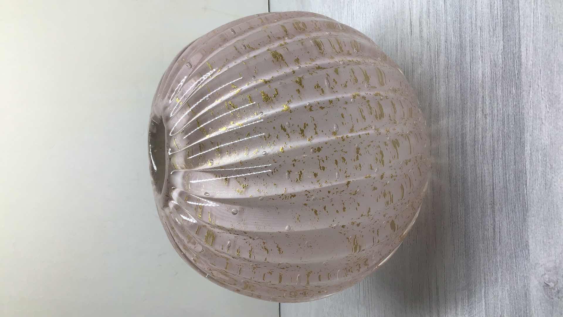 Photo 1 of CUSTOM PINK AND GOLD FLAKE BLOWN GLASS SWIRAL VASE 6.5” X H6”