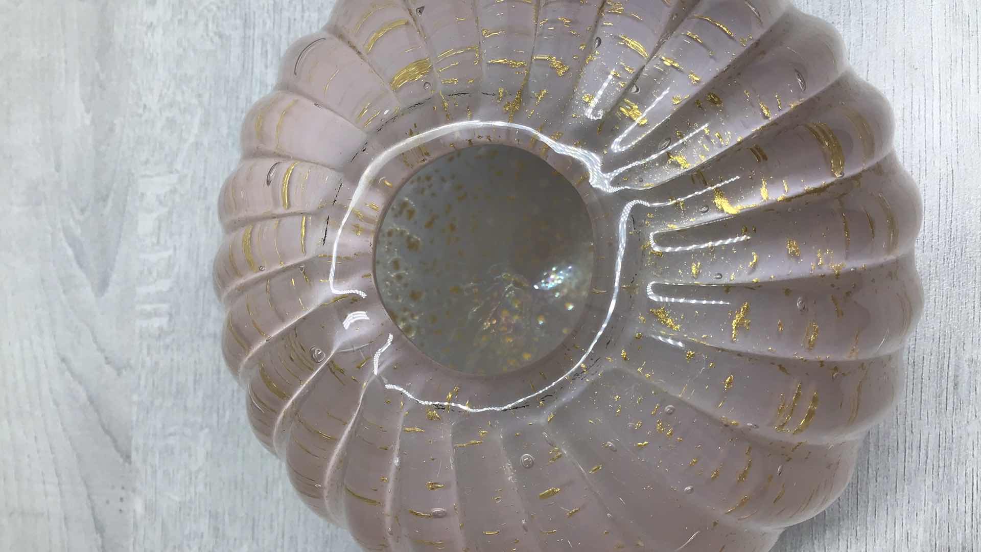 Photo 3 of CUSTOM PINK AND GOLD FLAKE BLOWN GLASS SWIRAL VASE 6.5” X H6”