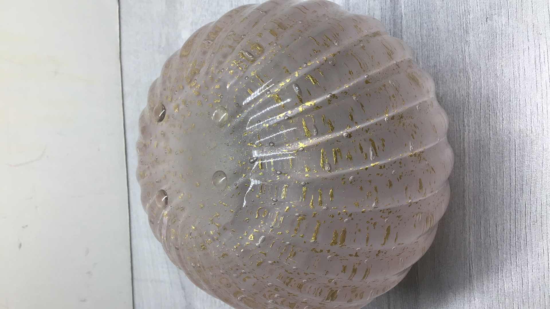 Photo 1 of CUSTOM PINK AND GOLD FLAKE BLOWN GLASS SWIRAL VASE 6.5” X H6”