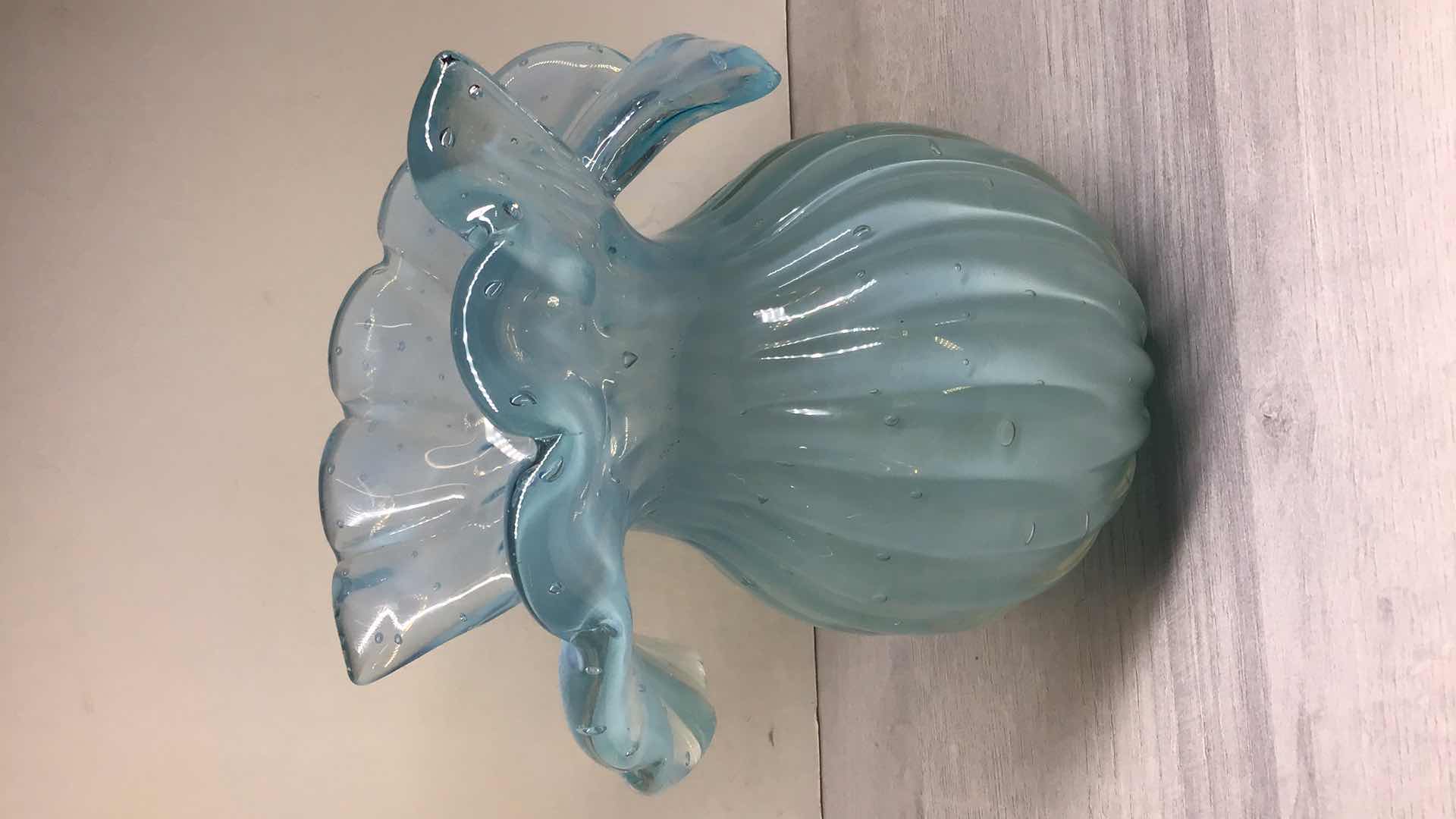 Photo 1 of MELTED RUFFLED TOP BLUE BLOWN GLASS VASE 7” X H8”
