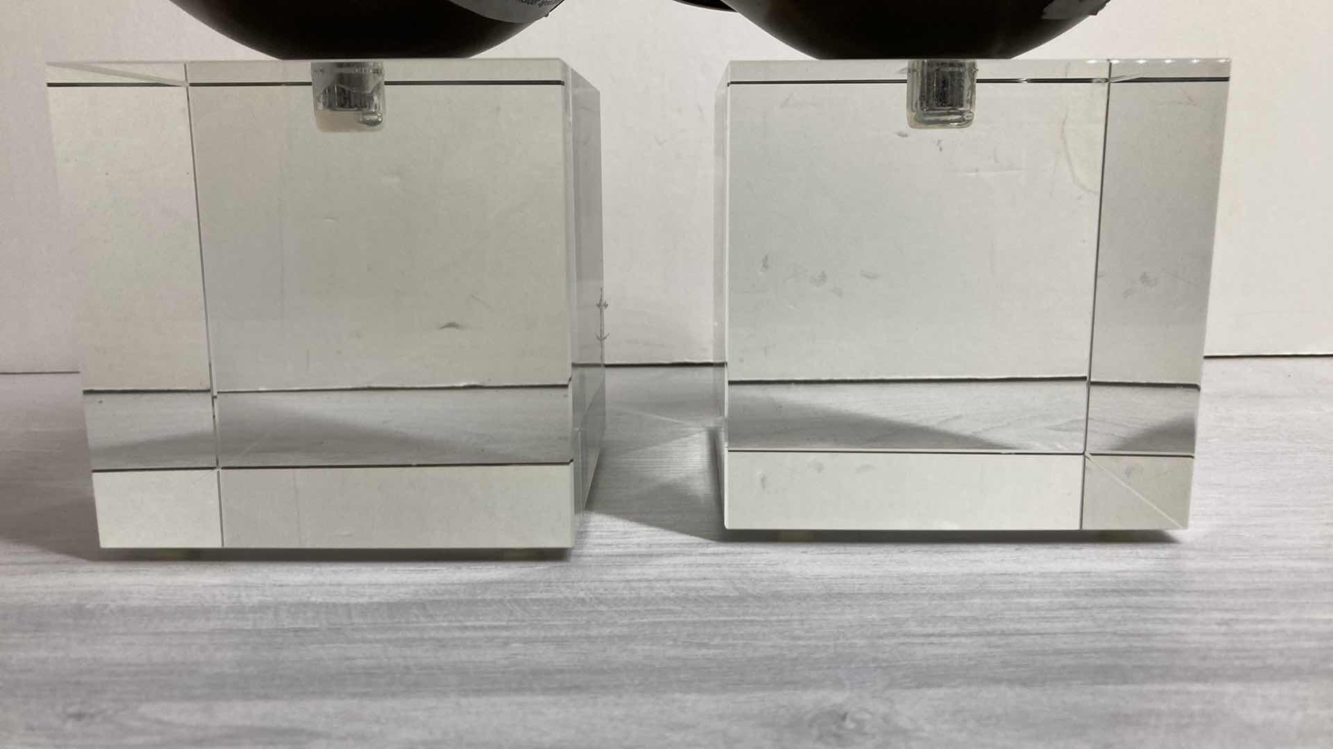 Photo 1 of EMERSON SOLID CRYSTAL CUBE & AGED BRASS CANDLE HOLDERS (2)