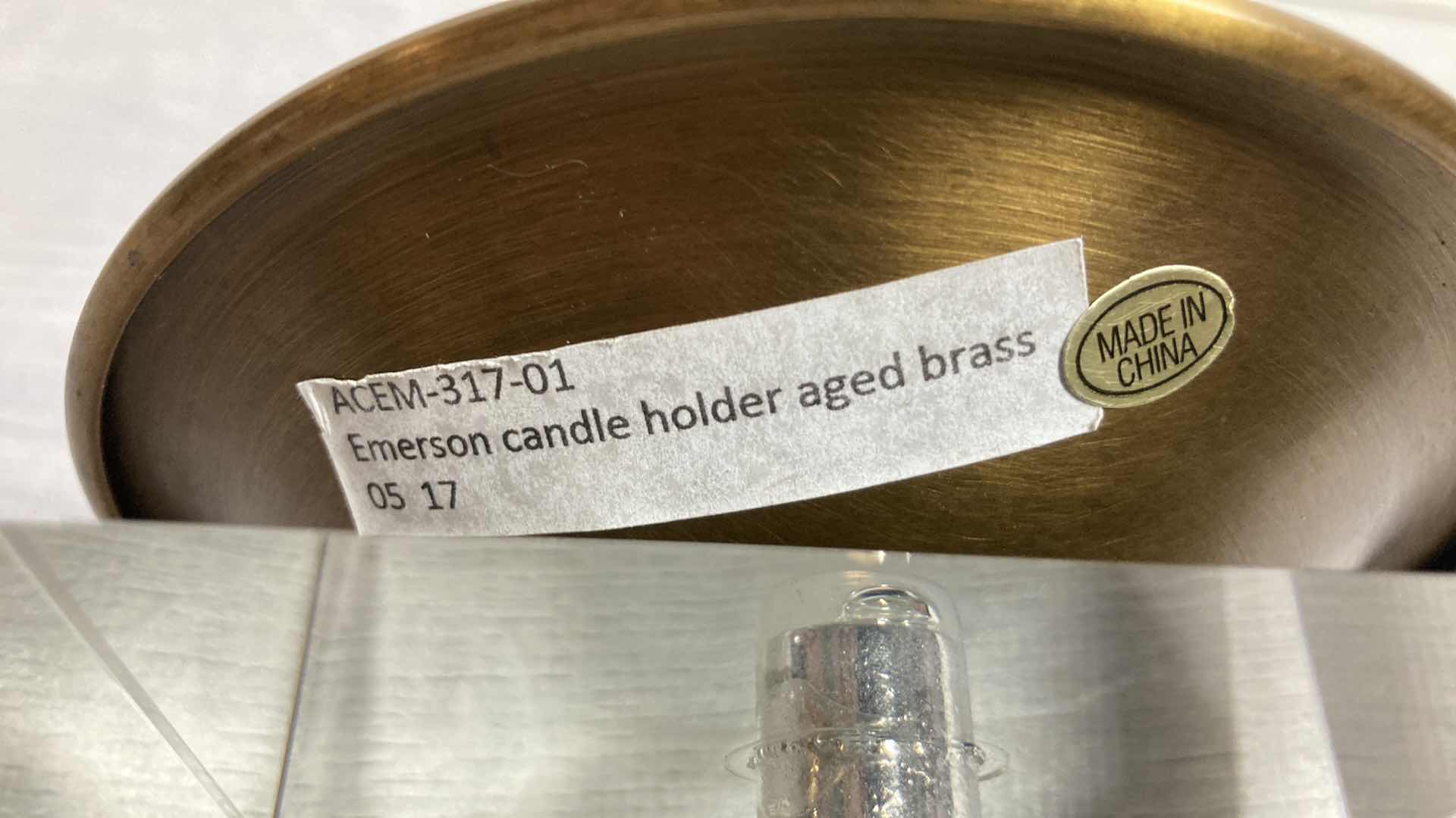 Photo 1 of EMERSON SOLID CRYSTAL CUBE & AGED BRASS CANDLE HOLDERS (2)