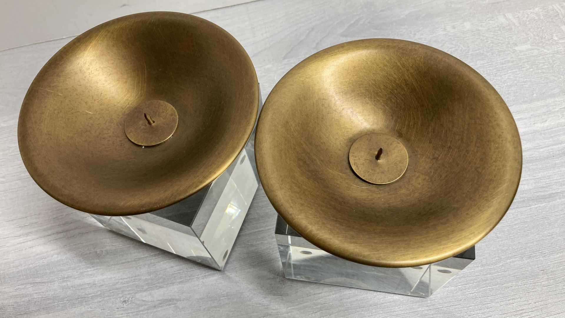 Photo 1 of EMERSON SOLID CRYSTAL CUBE & AGED BRASS CANDLE HOLDERS (2)