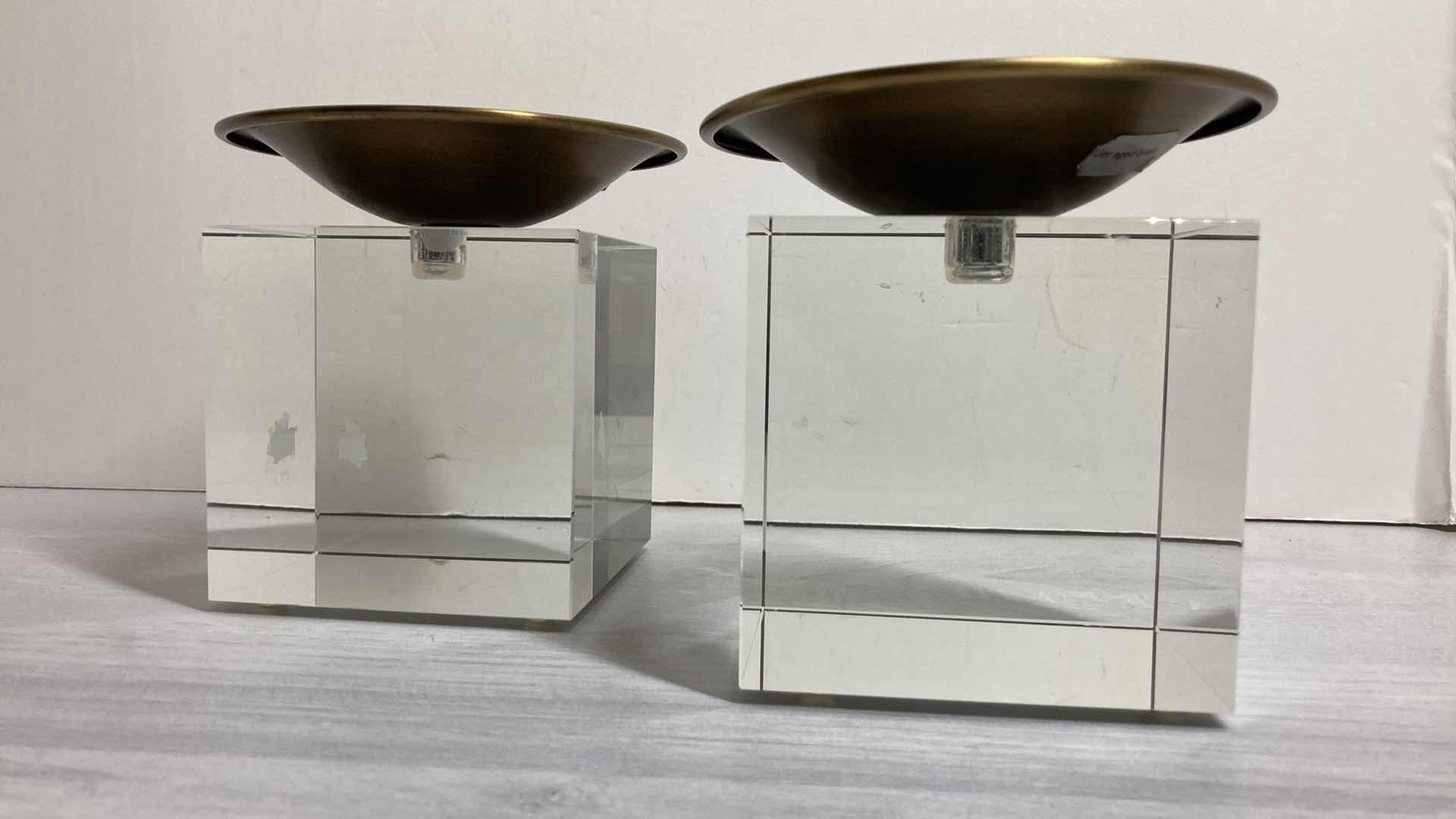 Photo 1 of EMERSON SOLID CRYSTAL CUBE & AGED BRASS CANDLE HOLDERS (2)