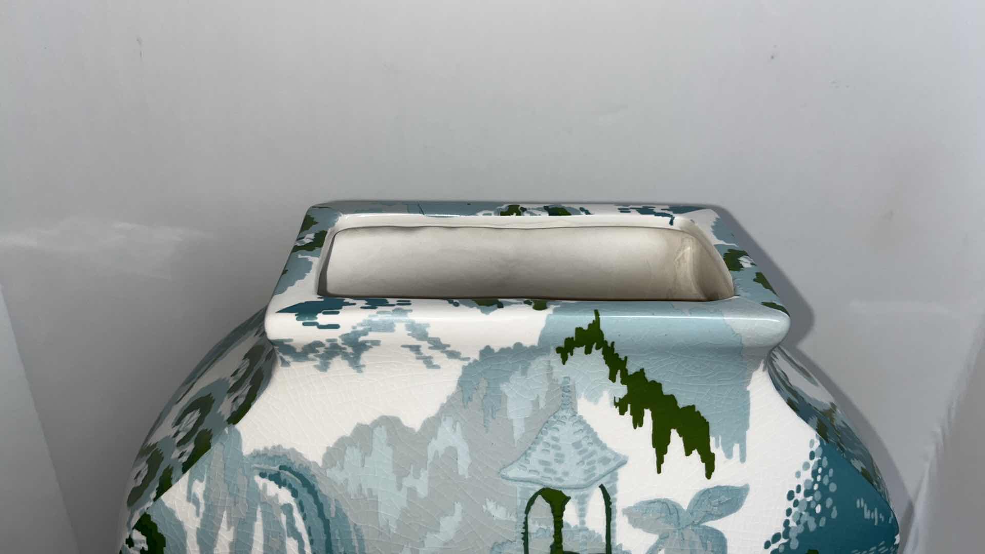 Photo 1 of “ROAD TO CANTON” PORT 68 CANTON HANDMADE PORCELAIN JAR ACCENTED W SOLID BRASS RING FINIAL PAINTED BY JOHN LOECKE OF MADCAP COTTAGE 12” X 6” H18”