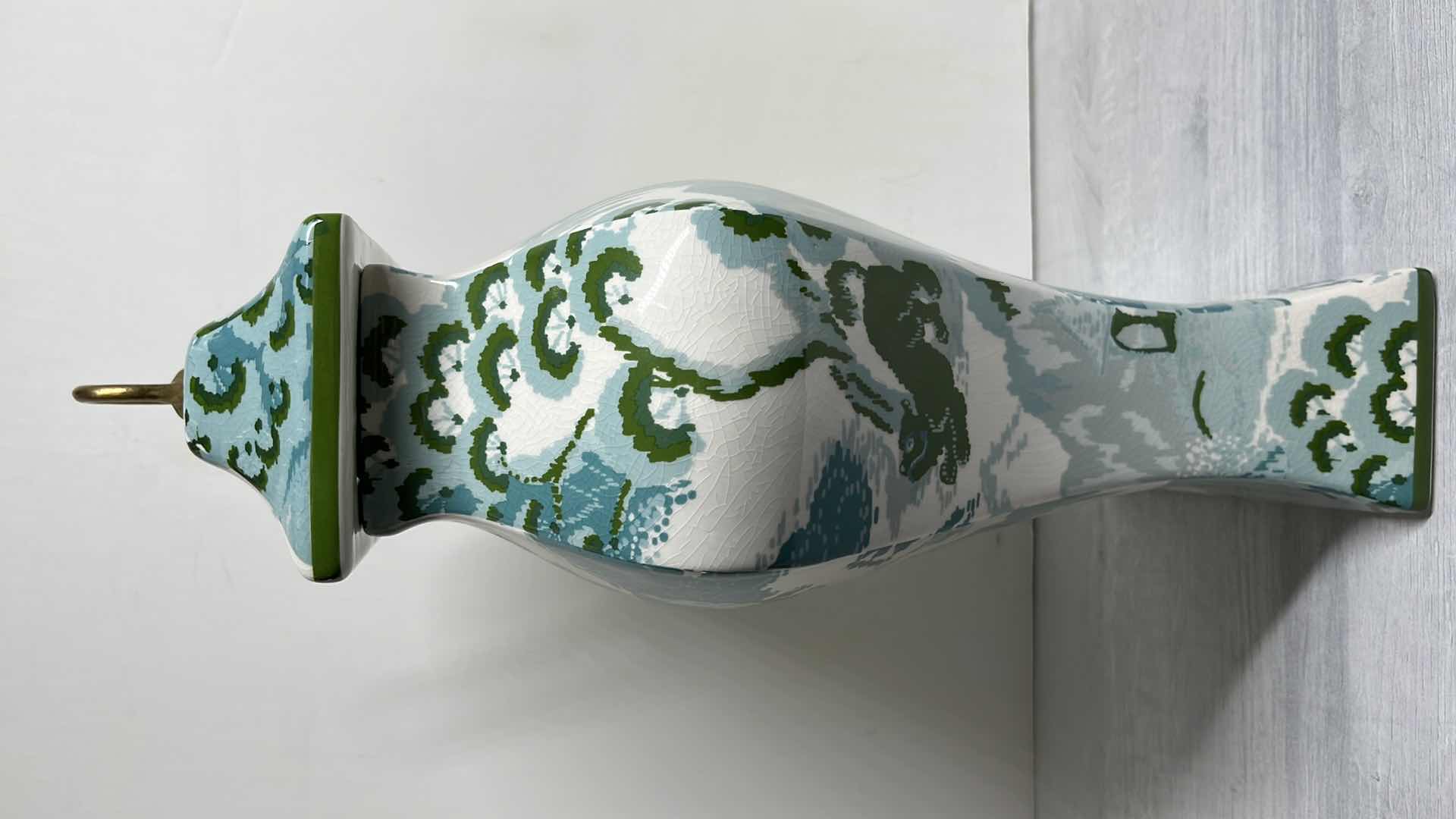 Photo 1 of “ROAD TO CANTON” PORT 68 CANTON HANDMADE PORCELAIN JAR ACCENTED W SOLID BRASS RING FINIAL PAINTED BY JOHN LOECKE OF MADCAP COTTAGE 12” X 6” H18”