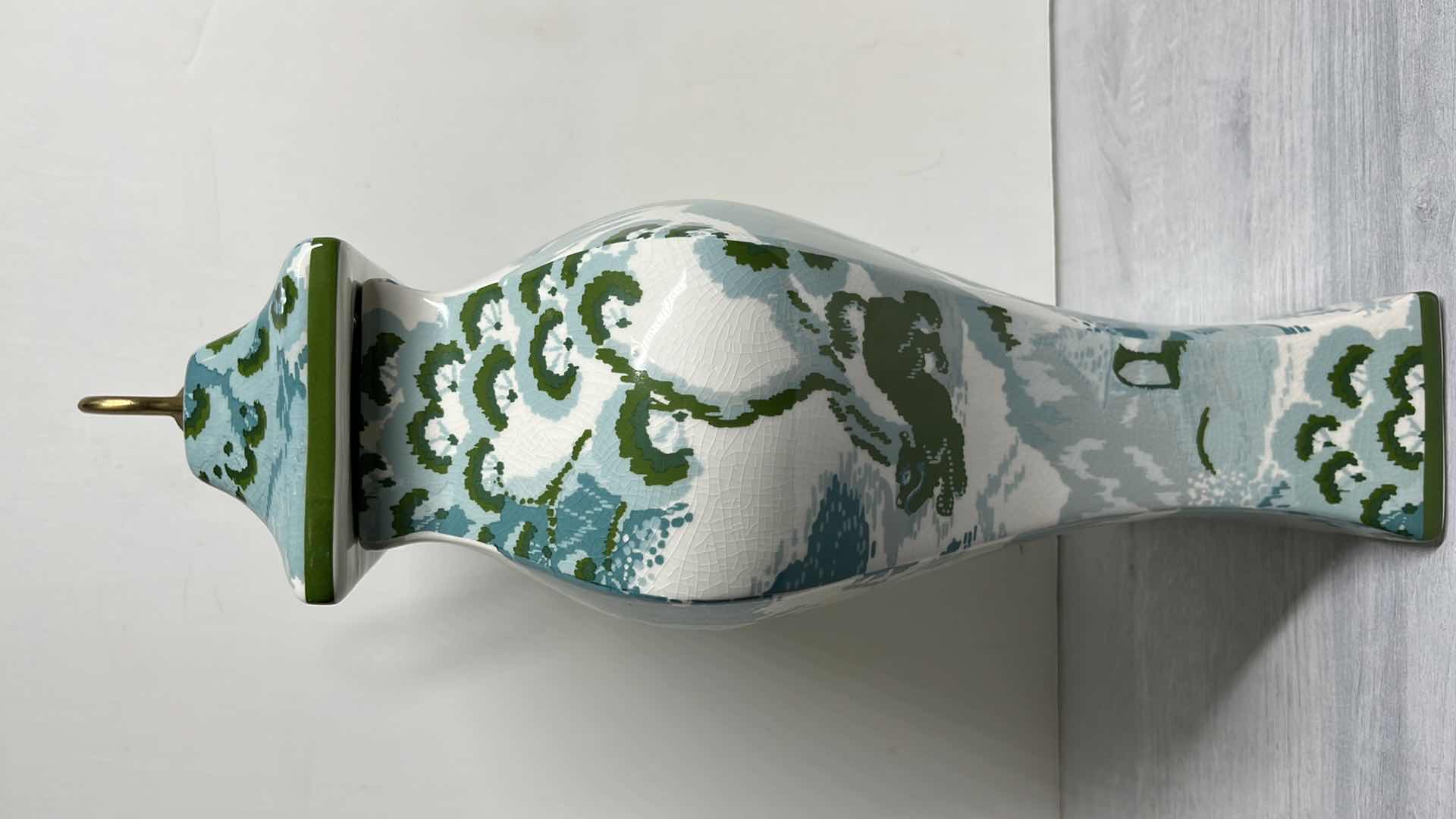 Photo 1 of “ROAD TO CANTON” PORT 68 CANTON HANDMADE PORCELAIN JAR ACCENTED W SOLID BRASS RING FINIAL PAINTED BY JOHN LOECKE OF MADCAP COTTAGE 12” X 6” H18”