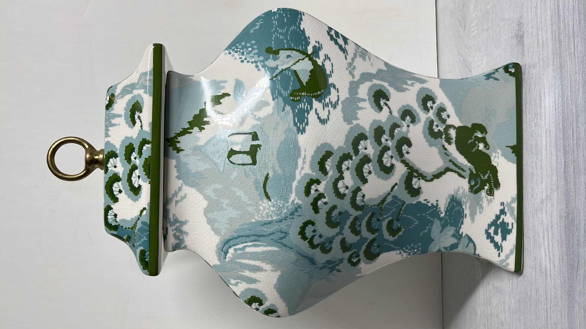 Photo 1 of “ROAD TO CANTON” PORT 68 CANTON HANDMADE PORCELAIN JAR ACCENTED W SOLID BRASS RING FINIAL PAINTED BY JOHN LOECKE OF MADCAP COTTAGE 12” X 6” H18”