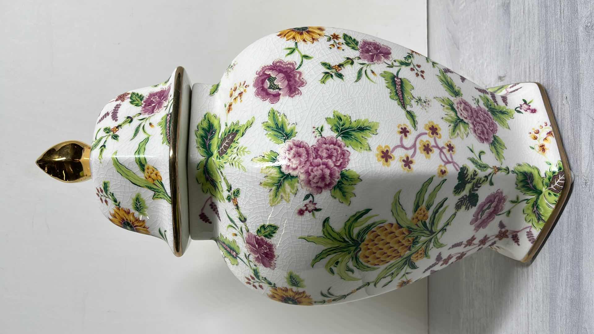 Photo 1 of PORT 68 WILLIAMSBURG MEDIUM PORTSMOUTH PINEAPPLE FLORAL PORCELAIN GOLD ACCENTED JAR 9" X 8” H16” #M99608