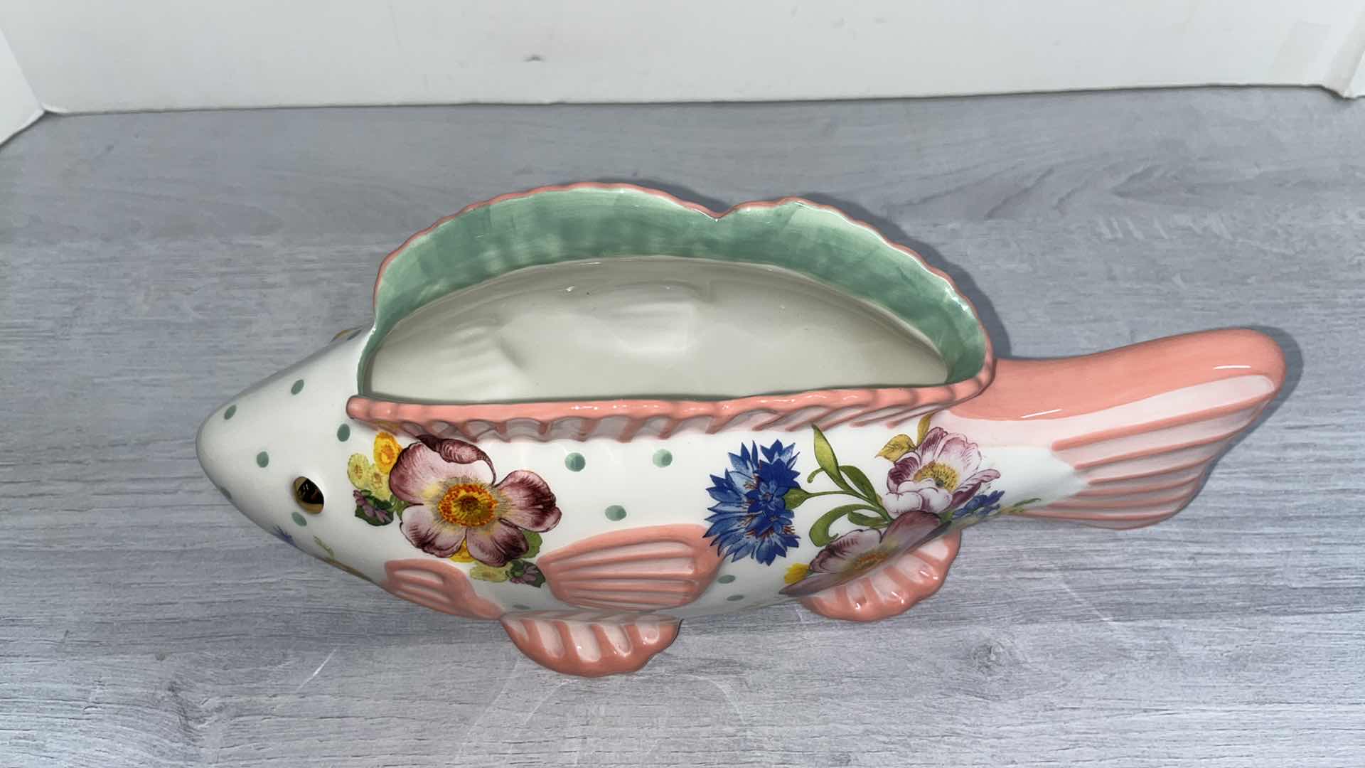 Photo 2 of MACKENZIE-CHILDS SMALL FLOWER MARKET FISH PLANTER 4” X 11.75” H5”