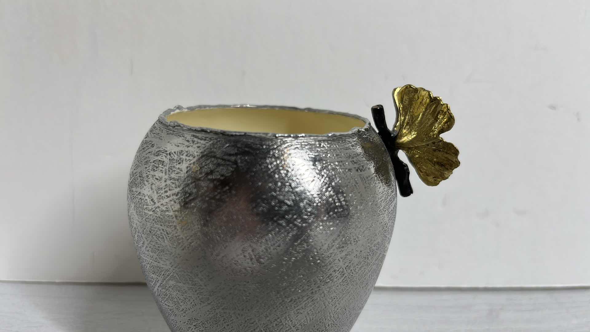 Photo 1 of MICHAEL ARAM BUTTERFLY GINKGO NICKEL PLATED STEEL W BRASS & ENAMEL VASE 3.5" X 4.25