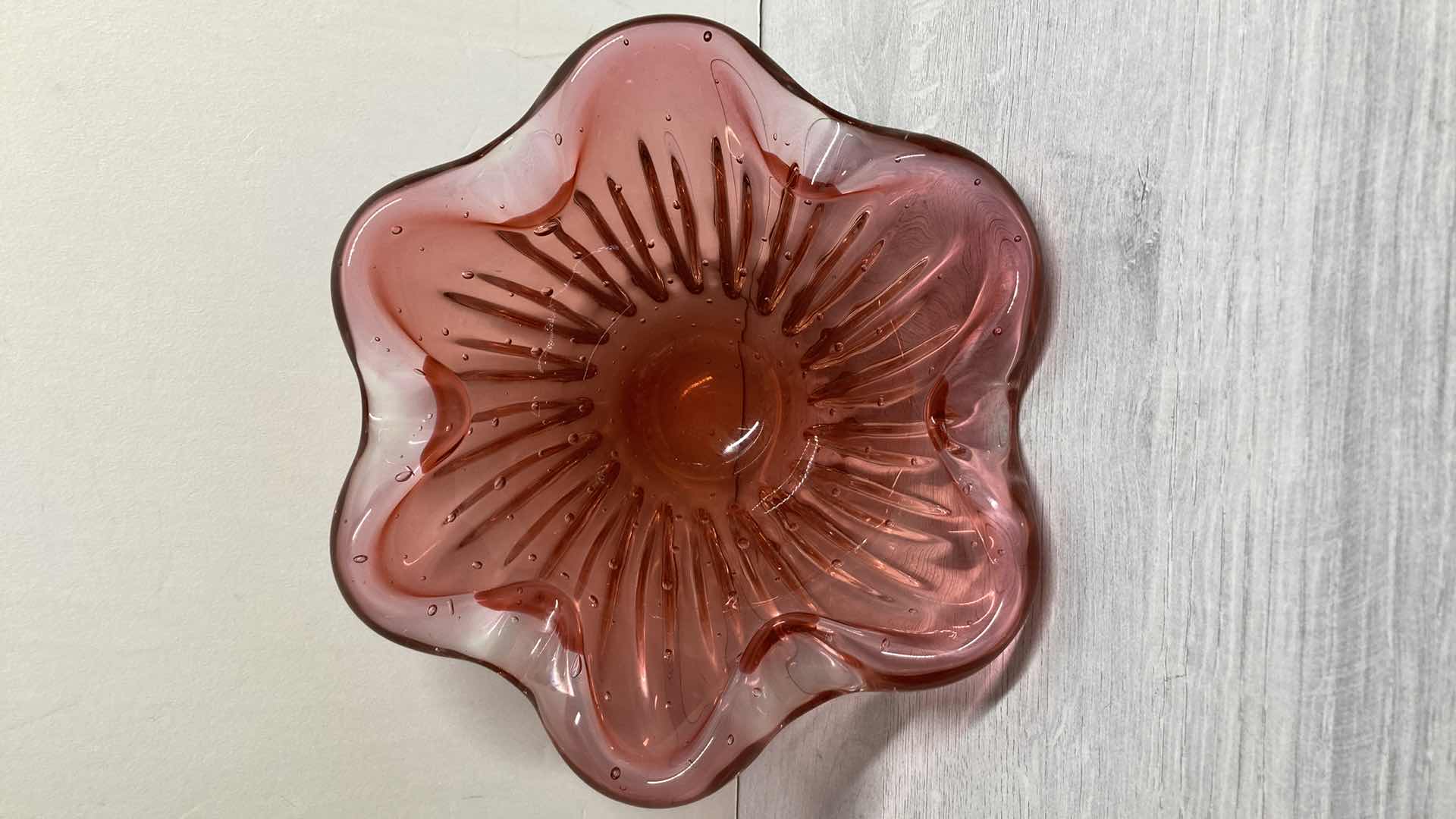 Photo 1 of PINK BLOWN GLASS FLOWER BOWL 8.5” X 4.25”