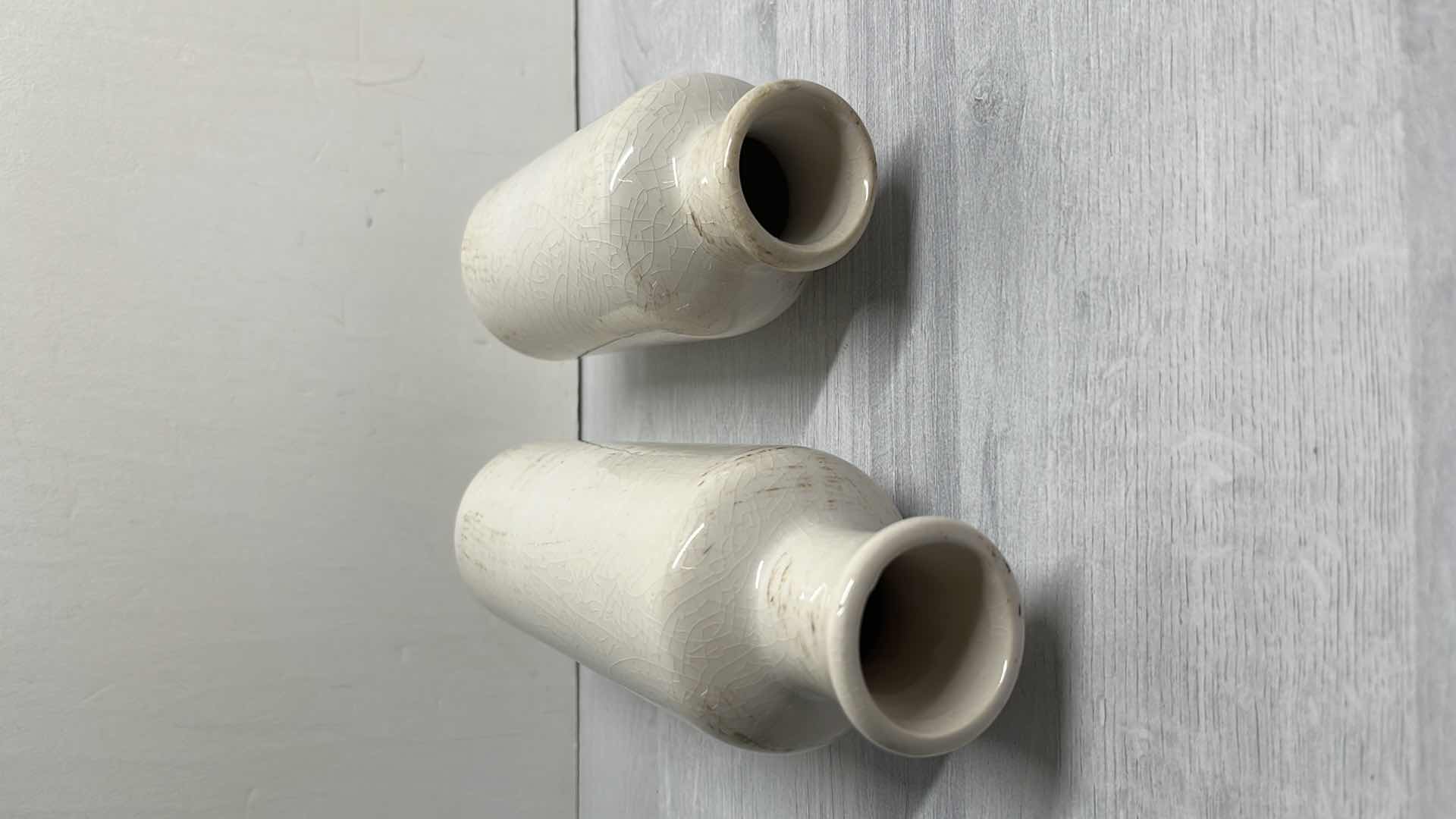 Photo 1 of SULLIVANS CERAMIC BOTTLE VASES W OFF-WHITE CRACKLE FINISH 10” & 7.5”