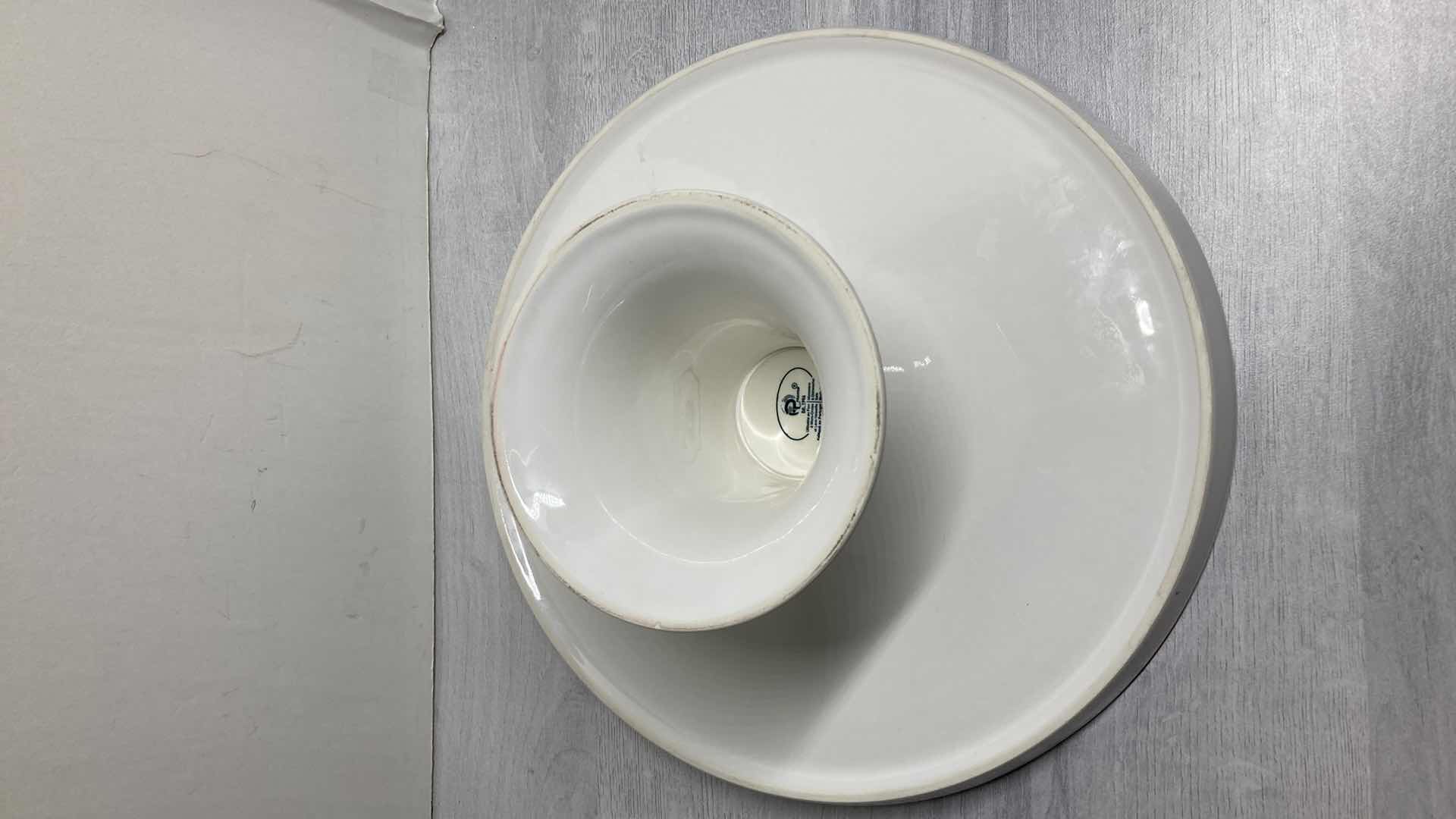 Photo 1 of P HOME FAPOR 11.75” PORCELAIN CAKE STAND W CLEAR GLASS LID MADE IN PORTUGAL