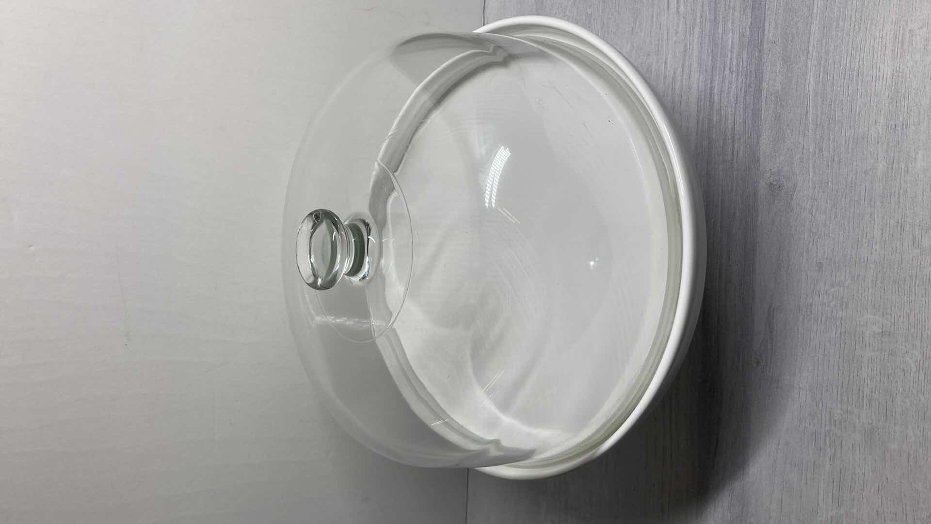 Photo 1 of P HOME FAPOR 11.75” PORCELAIN CAKE STAND W CLEAR GLASS LID MADE IN PORTUGAL