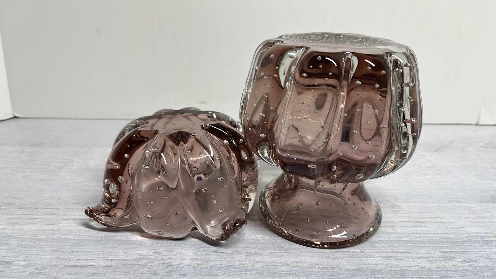 Photo 1 of MID-CENTURY MODERN MURANO STYLE AUBERGINE-PURPLE TO CLEAR CONTROLLED BUBBLE FLOWER BOWL & VASE