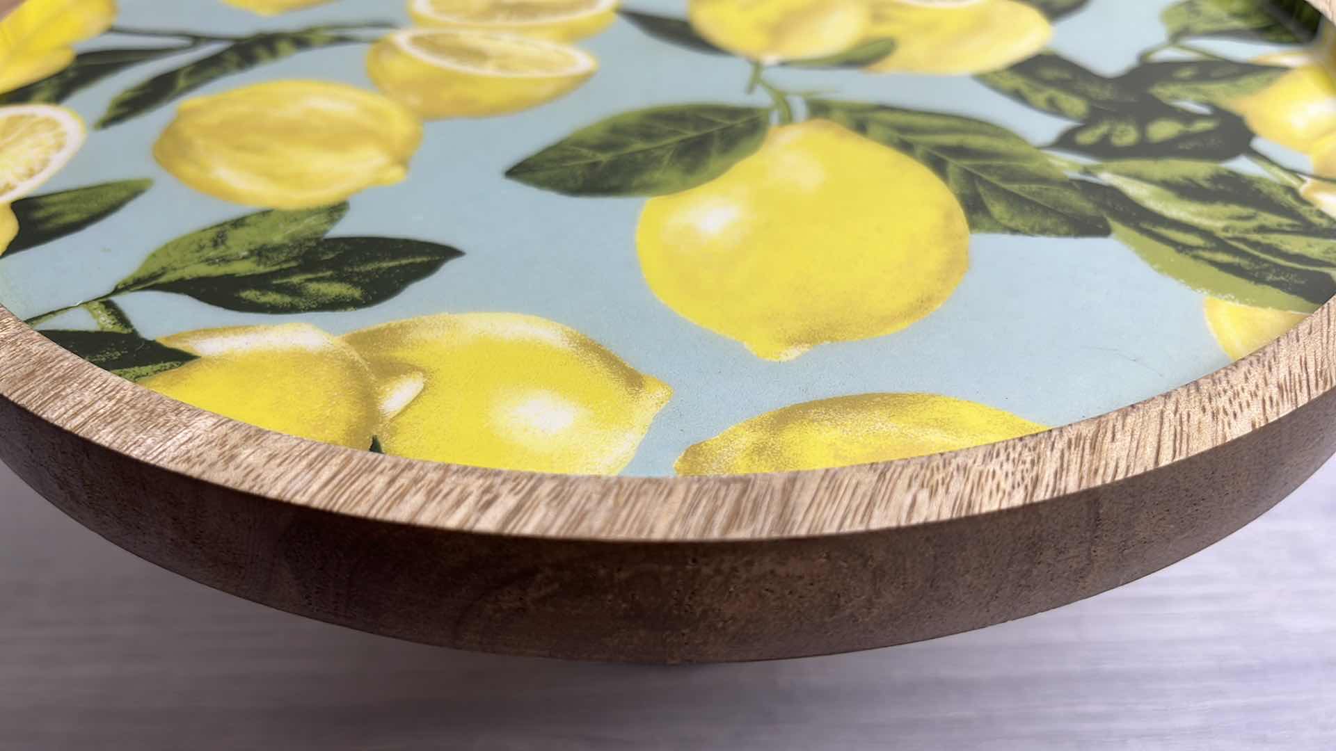 Photo 1 of MANGO WOOD PEDESTAL SERVING PLATE W LEMONS  11.75” X 6”