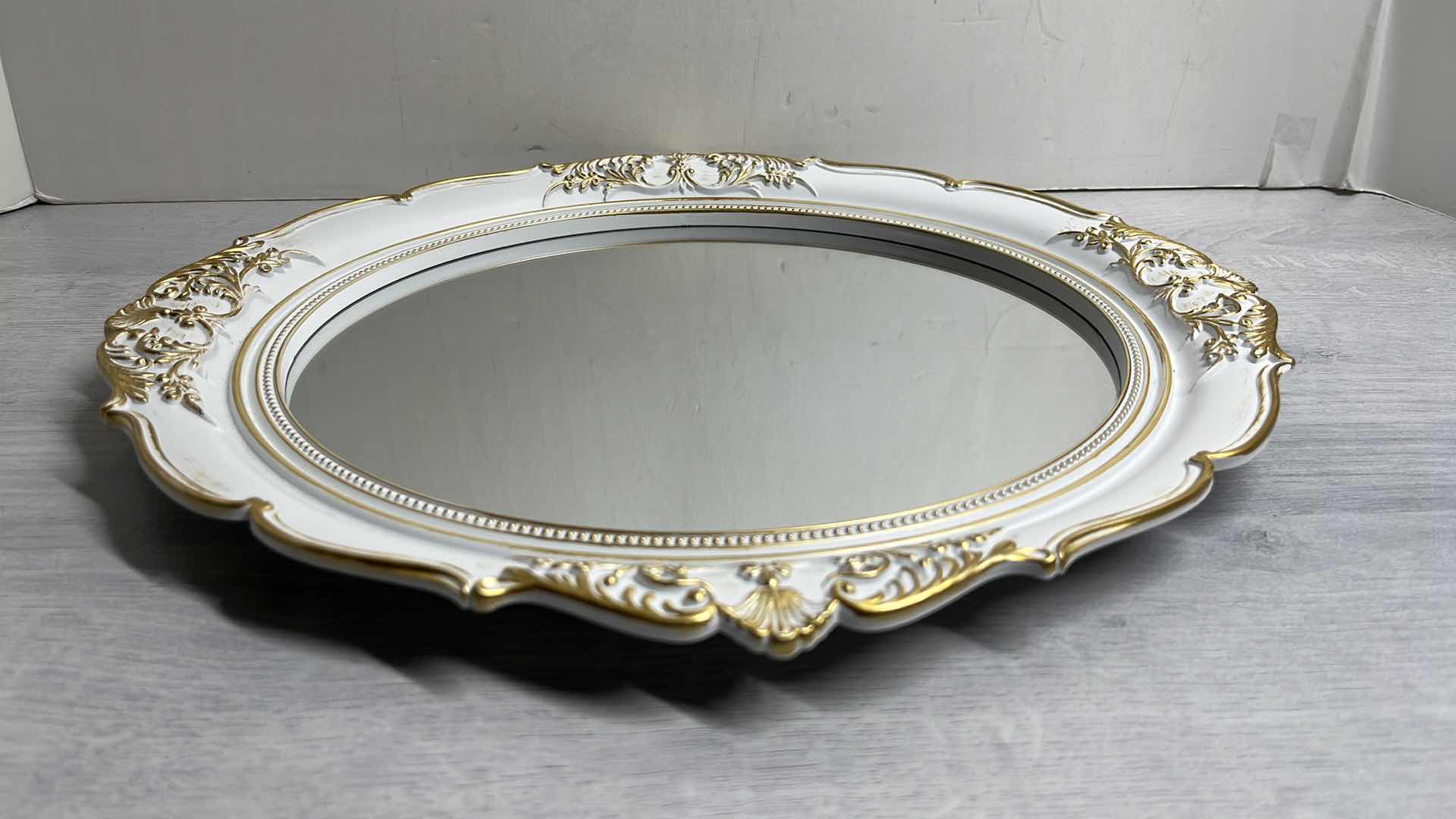 View 2 of MID CENTURY STYLE RESIN OVAL WHITE/GOLD HANGING MIRRORS 13” X 15” (5)