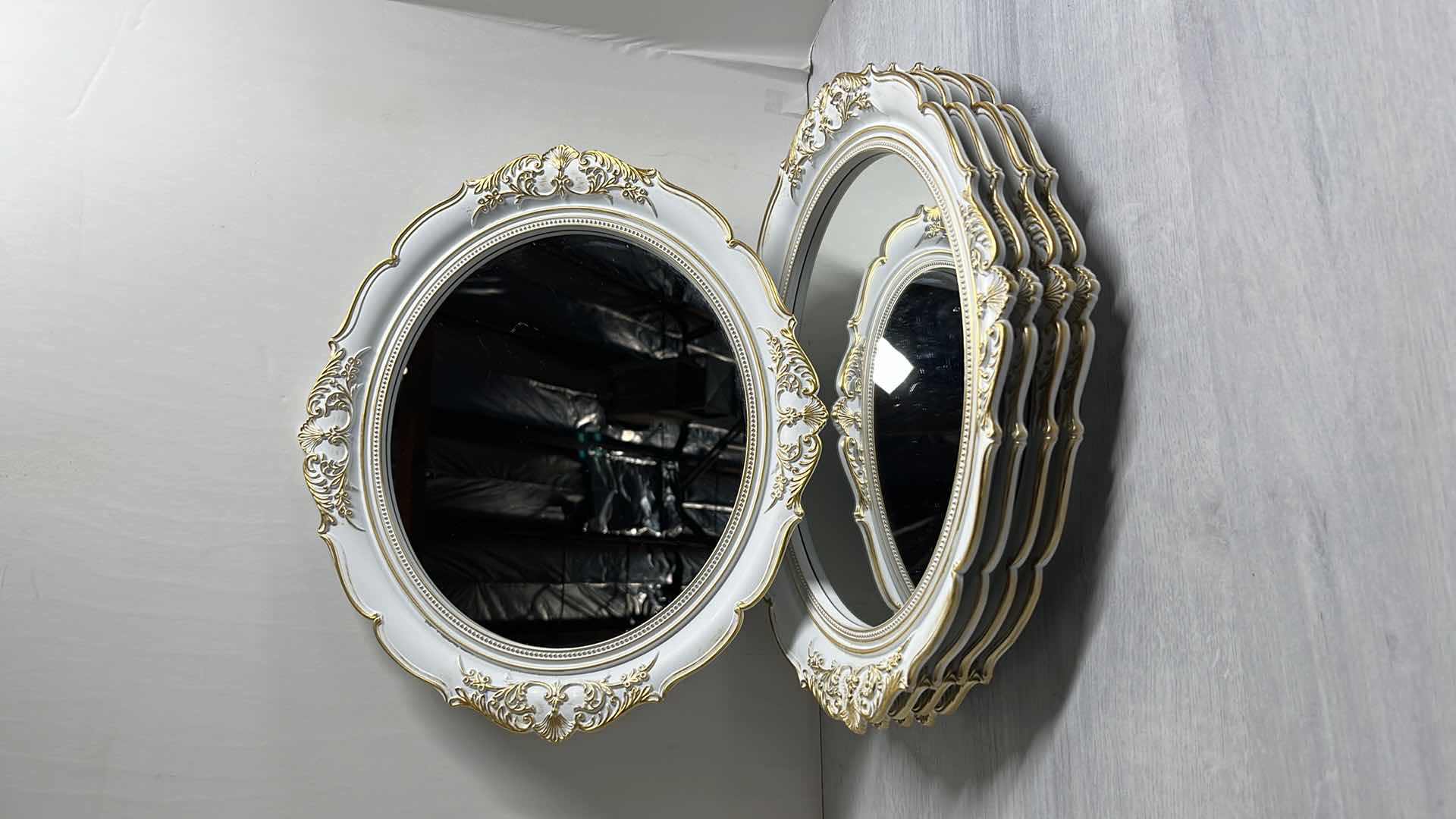 View 1 of MID CENTURY STYLE RESIN OVAL WHITE/GOLD HANGING MIRRORS 13” X 15” (5)