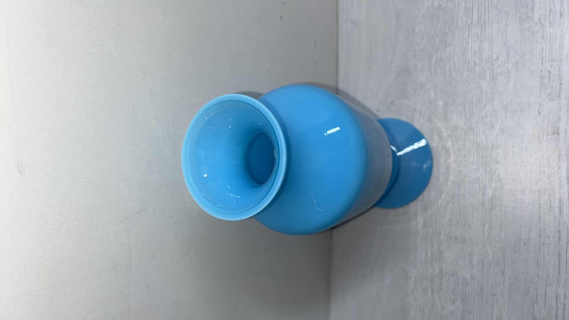 Photo 1 of VINTAGE 1930’S SEVRES BLUE OPALINE GLASS VASE, FRENCH TURQUOISE MILK GLASS 3.25” X 9.75”