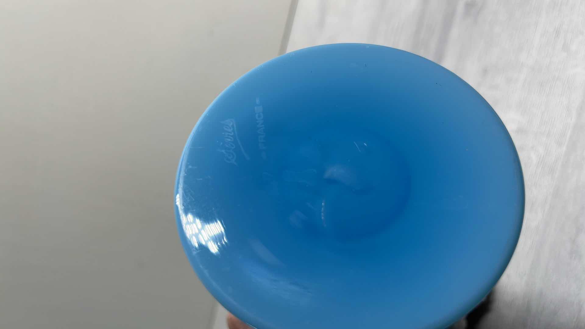 Photo 1 of VINTAGE 1930’S SEVRES BLUE OPALINE GLASS VASE, FRENCH TURQUOISE MILK GLASS 3.25” X 9.75”
