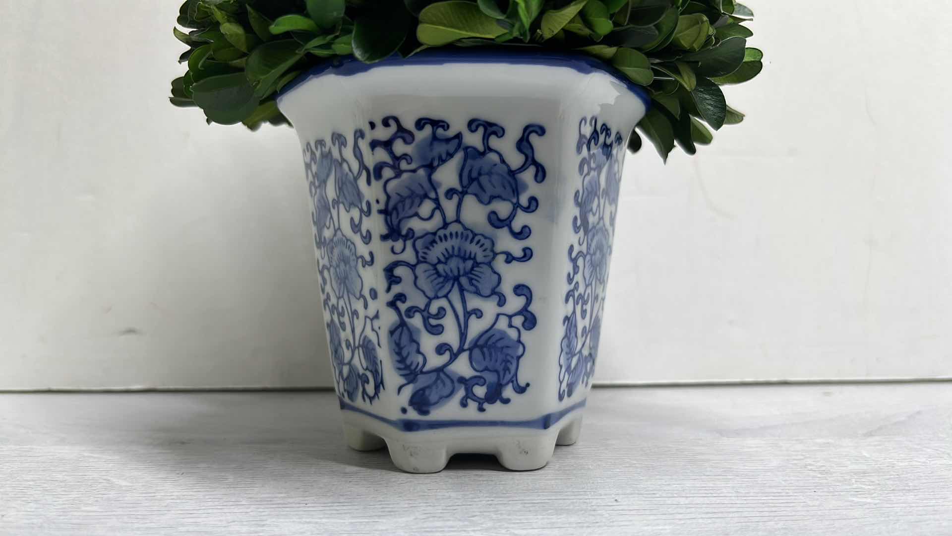Photo 1 of NATURALLY PRESERVED BOXWOOD BALL TOPIARY IN FLORAL BLUE/WHITE CERAMIC POT 7.5”