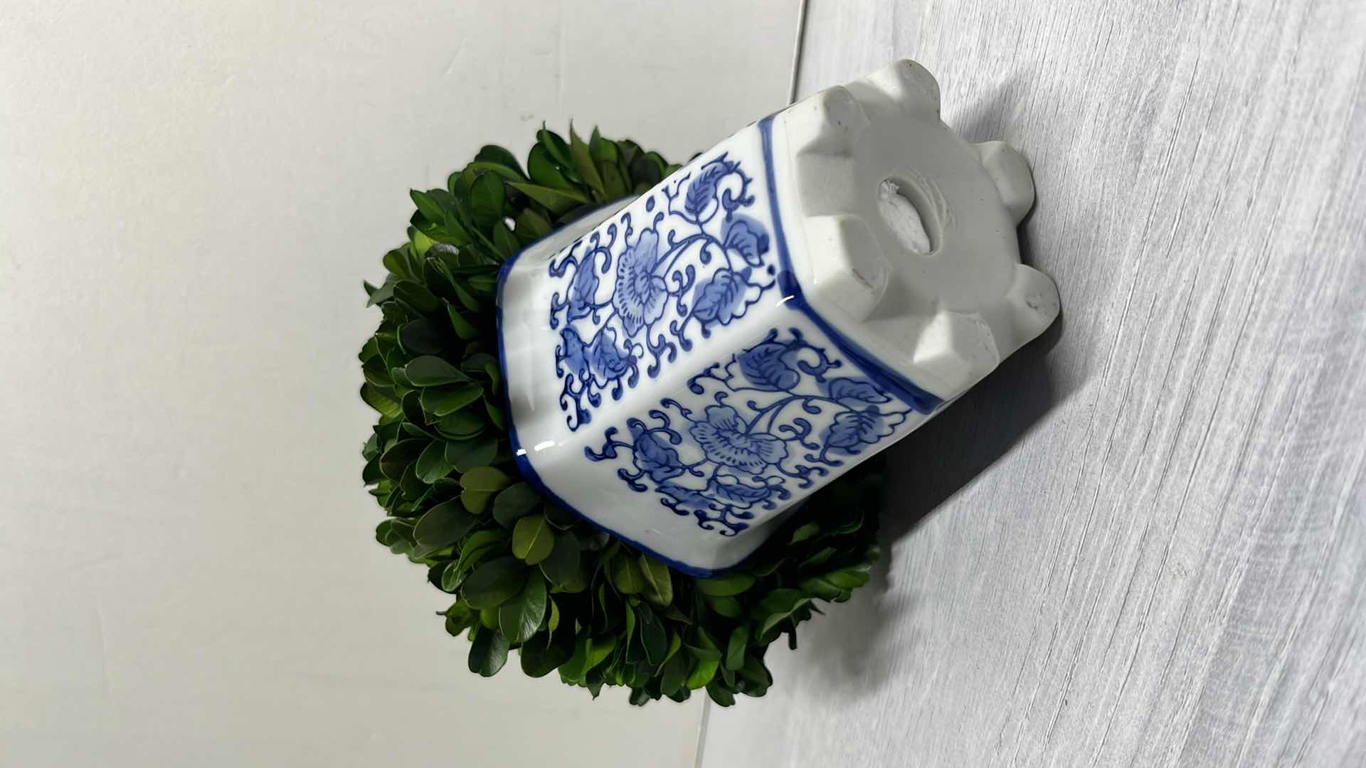 Photo 1 of NATURALLY PRESERVED BOXWOOD BALL TOPIARY IN FLORAL BLUE/WHITE CERAMIC POT 7.5”