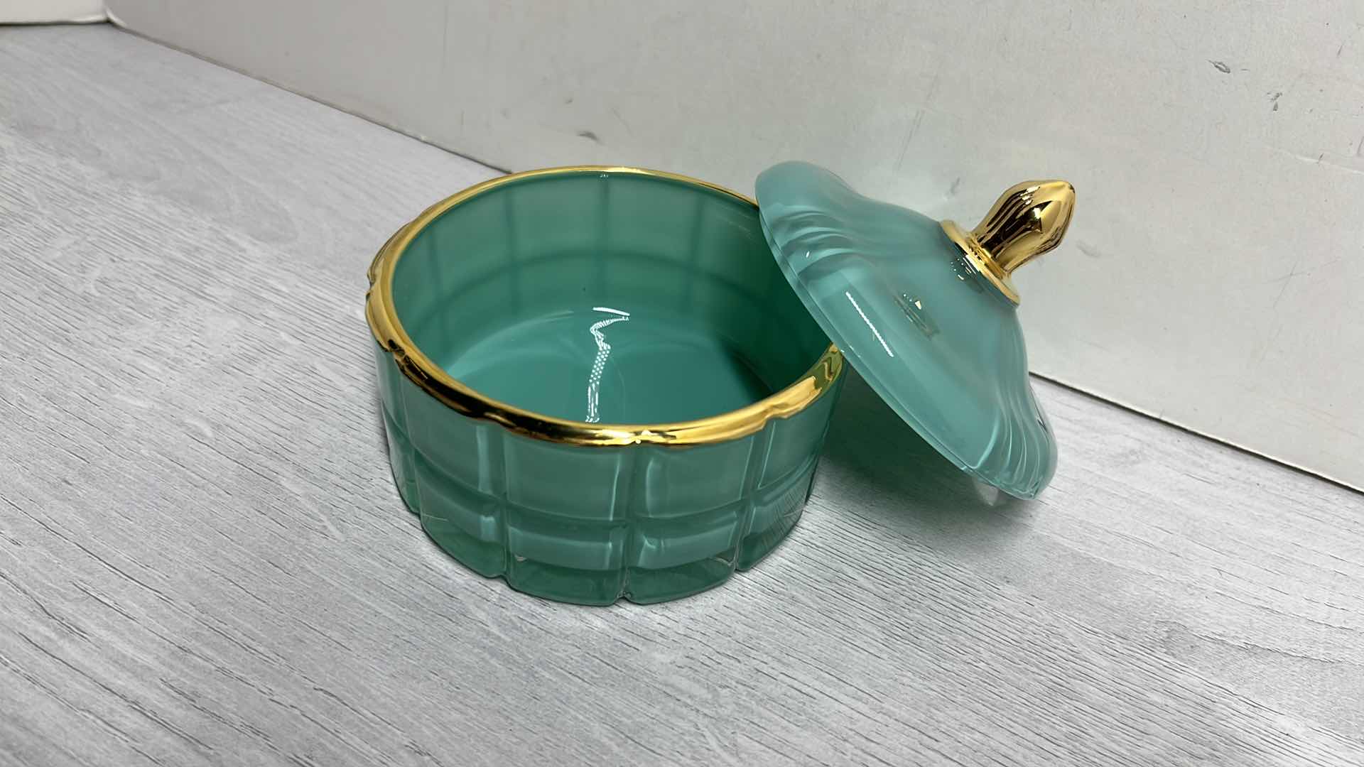 Photo 1 of TURQUOISE APOTHECARY JAR W GOLD RIMMED LID 4” X 4” H4”