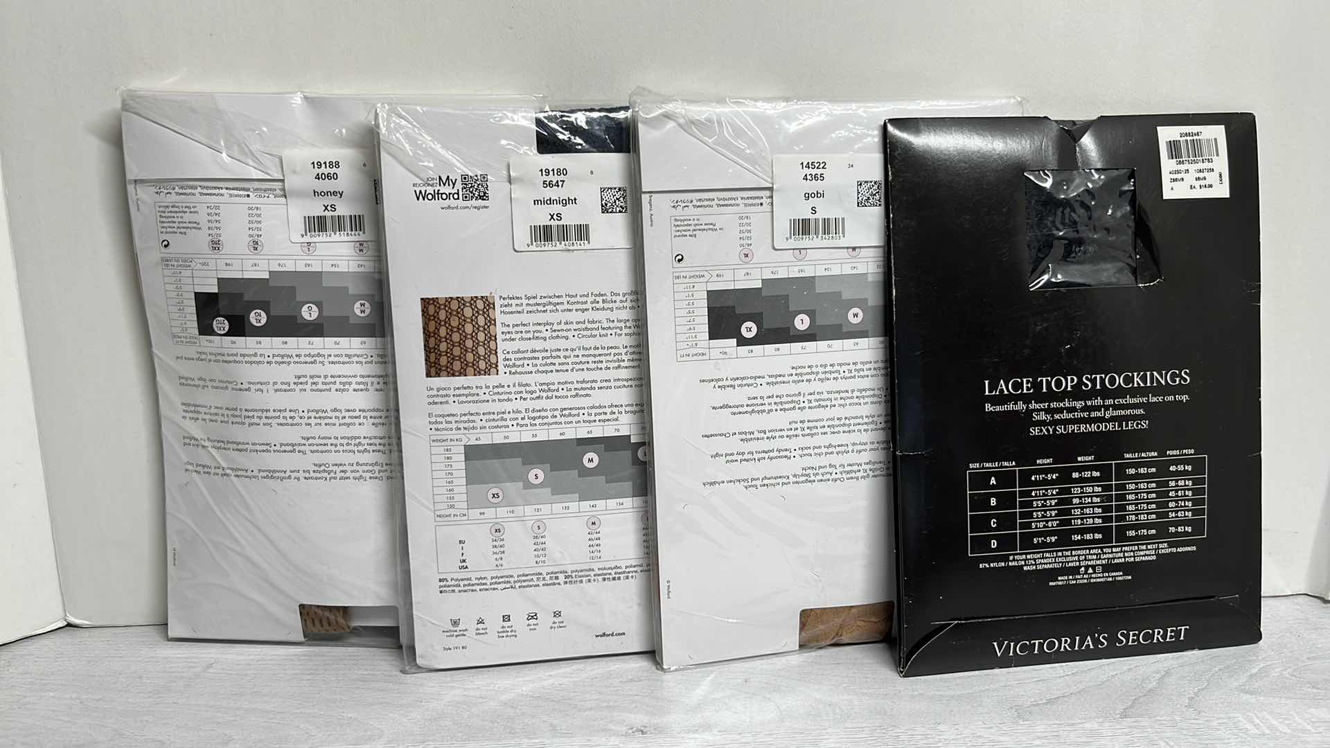 Photo 1 of NEW WOFFORD TIGHTS SIZE SMALL/EXTRA SMALL (3) & VICTORIA’S SECRET LACE TOP STOCKINGS SIZE A (1)