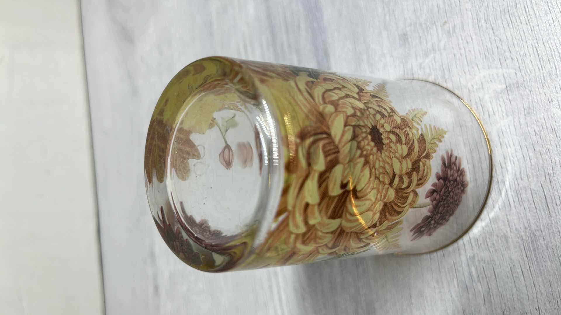 Photo 1 of VINTAGE WILLIAMS SONOMA HARVEST BLOOM GOLD RIMMED TUMBLERS 3” X 4”(4)