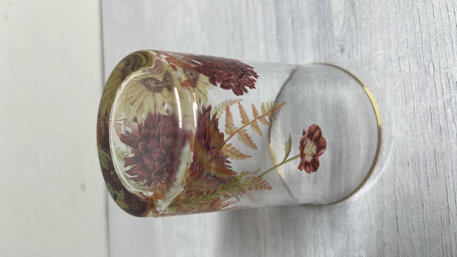 Photo 1 of VINTAGE WILLIAMS SONOMA HARVEST BLOOM GOLD RIMMED TUMBLERS 3” X 4”(4)