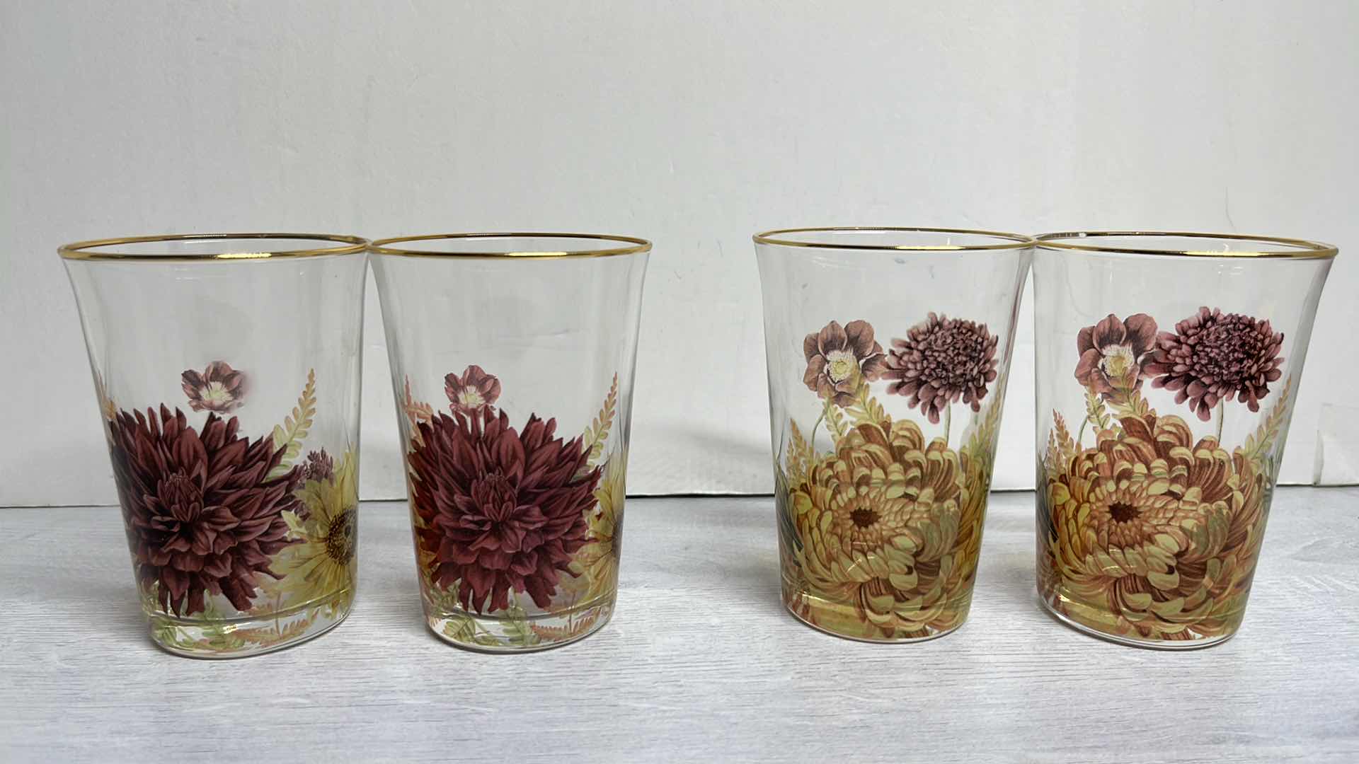 Photo 1 of VINTAGE WILLIAMS SONOMA HARVEST BLOOM GOLD RIMMED TUMBLERS 3” X 4”(4)