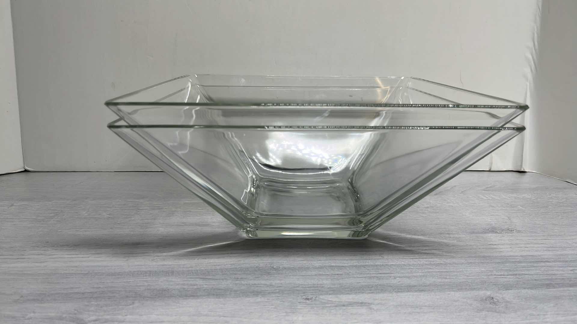 Photo 1 of SQUARE CLEAR GLASS SERVING BOWLS 9.75” X 9.75 H4.25” (2)