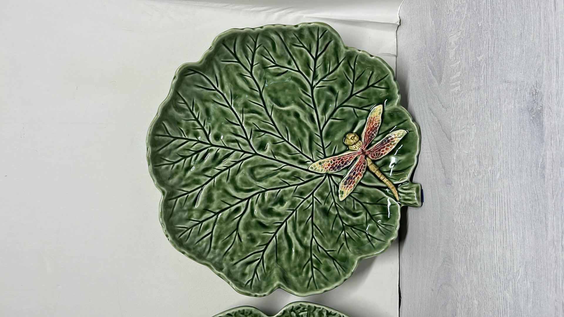 Photo 1 of BORDALLO PINHEIRO 12” CABBAGE CHARGER PLATE & CABBAGE/DRAGONFLY 11” PLATTER PLATE (2)