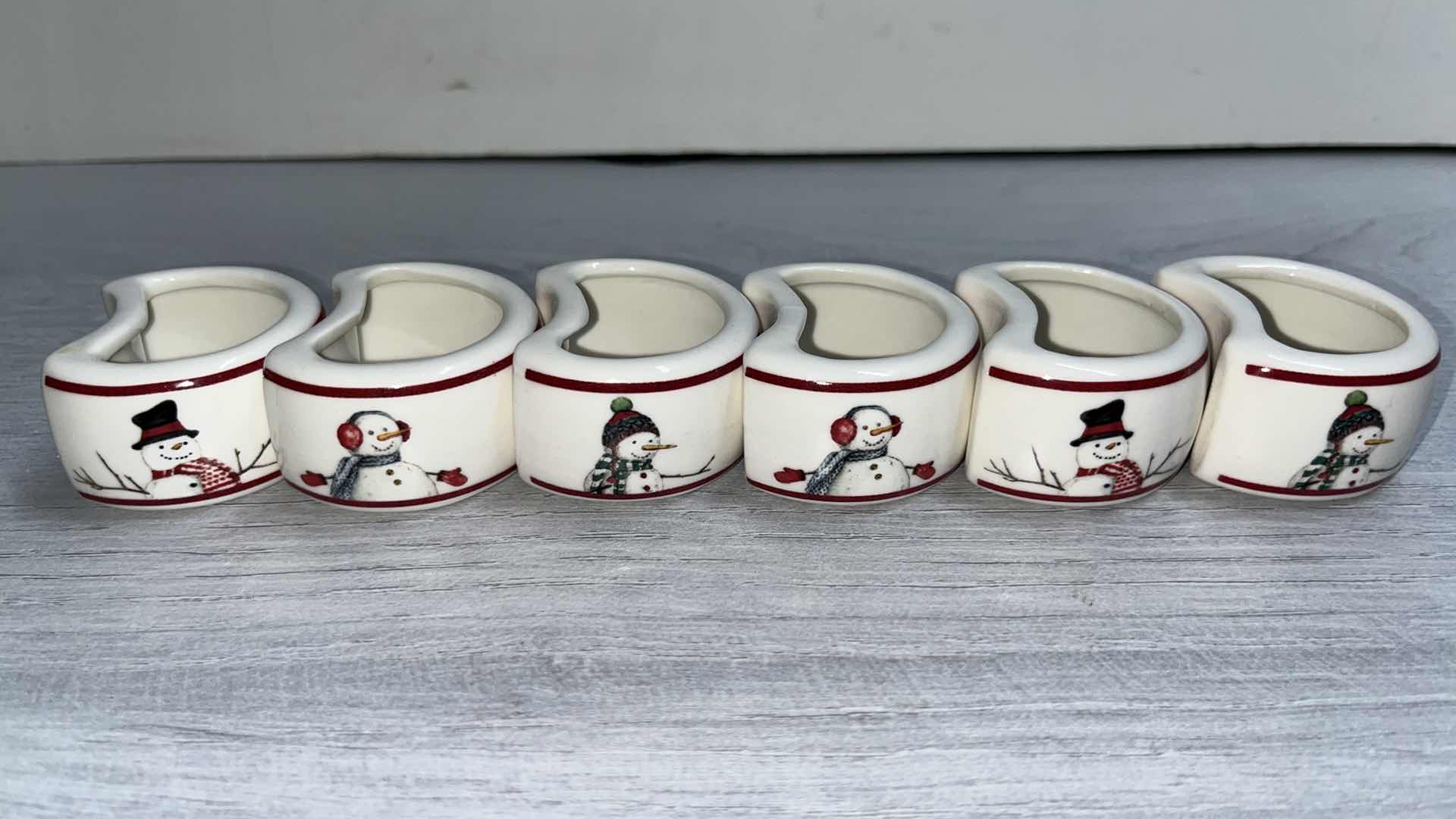 Photo 1 of WILLIAMS SONOMA SNOWMAN COLLECTION SALT/PEPPER SHAKERS, CANDLES, NAPKIN RINGS & 20” LINEN NAPKINS