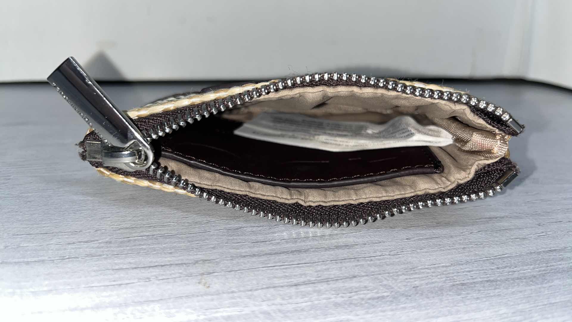 Photo 1 of ADOLFO DOMINGUEZ NATURAL RAFFIA-STYLE COIN PURSE W LOGO TAG 5” X 1” H4”