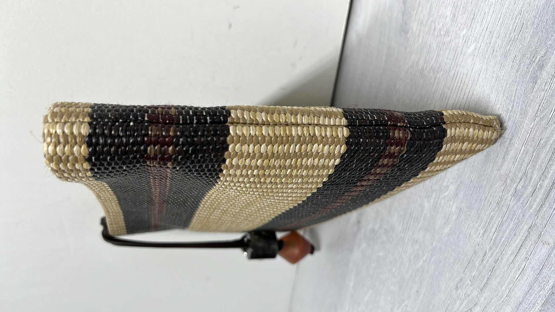 Photo 1 of ADOLFO DOMINGUEZ NATURAL RAFFIA-STYLE CLUTCH PURSE W ORNAMENTAL BAG CHARMS 10.75” X 1” H7.75”