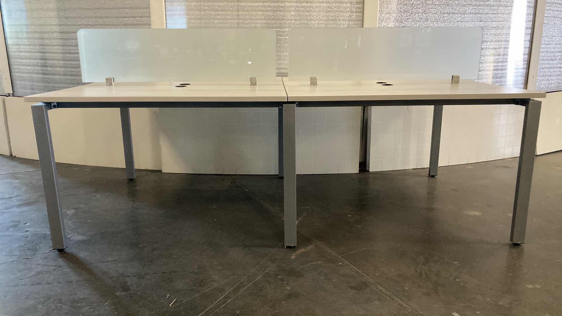 Photo 1 of WHITE WOOD FINISH W FROSTED GLASS 4 PERSON WORKSTATION DESK 95” X 48” H30.5” GLASS H13”