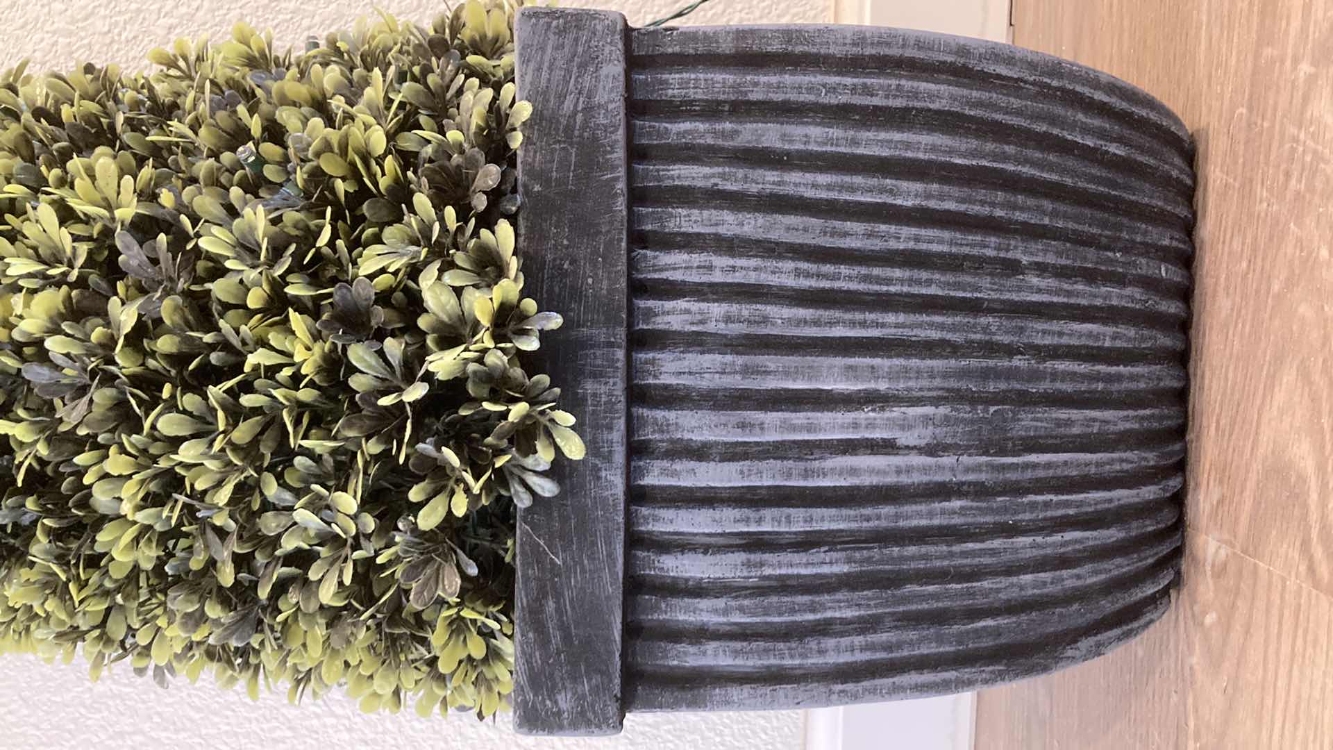 Photo 1 of ARTIFICIAL BOXWOOD TOPIARY PATIO PLANTER W AA BATTERY OPERATED LED LIGHTS 9” X 35”