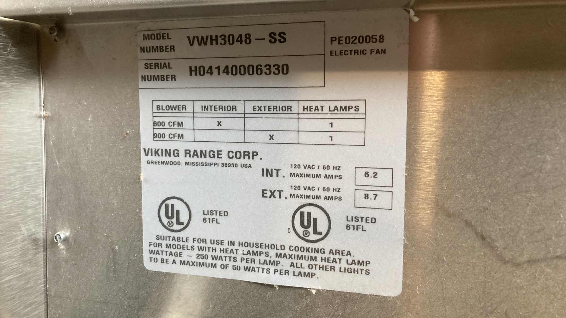 Photo 1 of VIKING PROFESSIONAL HOOD VENT MODEL VWH3048-SS 30” X 24” H18”