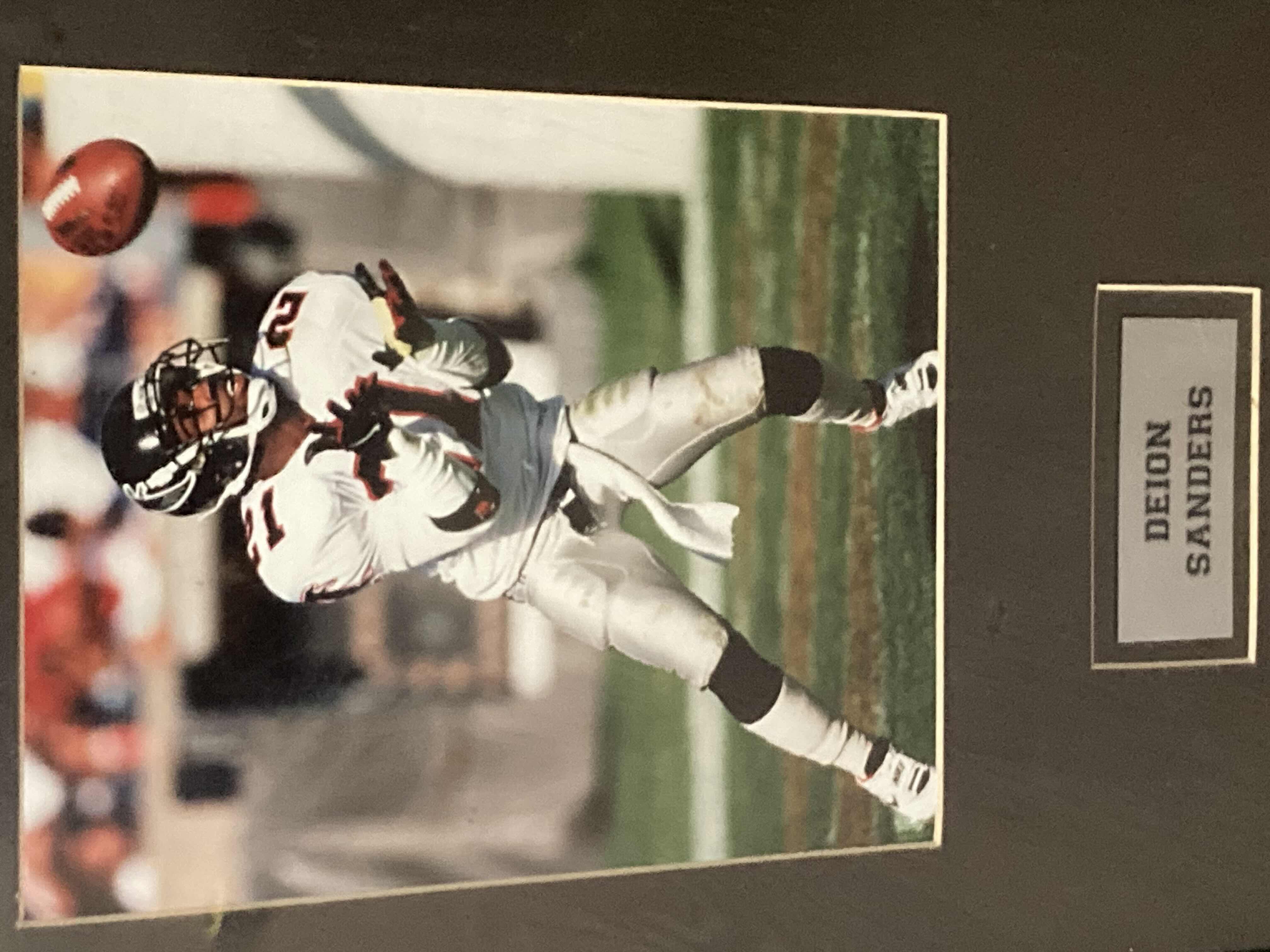 Photo 1 of DEION SANDERS FALCONS #21 NFL FOOTBALL FRAMED PHOTOGRAPH 13” X 19”