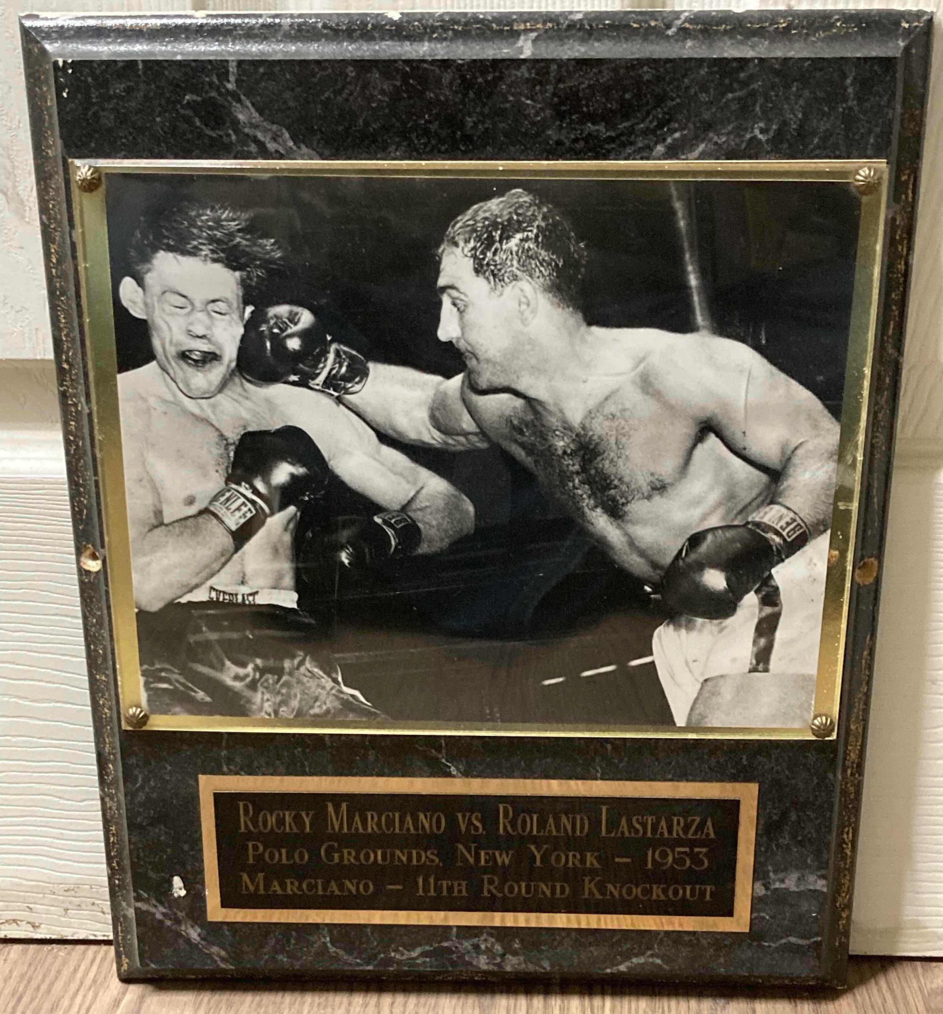 Photo 1 of ROCKY MARCIANO VS ROLAND LASTARZA 1953 NY 11TH ROUND KNOCKOUT PHOTOGRAPH MEMORABILIA PLAQUE 12” X 15”