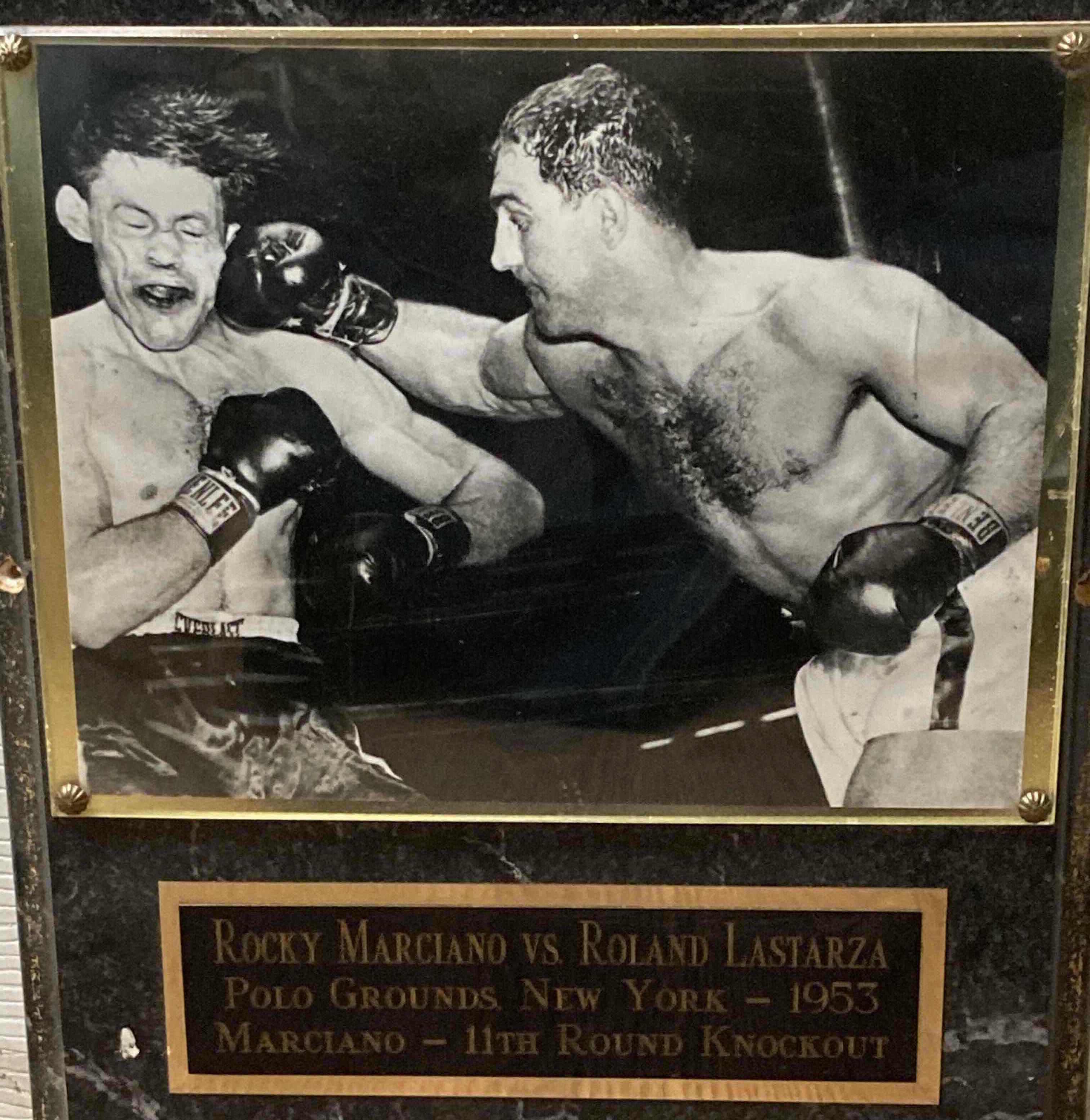 Photo 1 of ROCKY MARCIANO VS ROLAND LASTARZA 1953 NY 11TH ROUND KNOCKOUT PHOTOGRAPH MEMORABILIA PLAQUE 12” X 15”