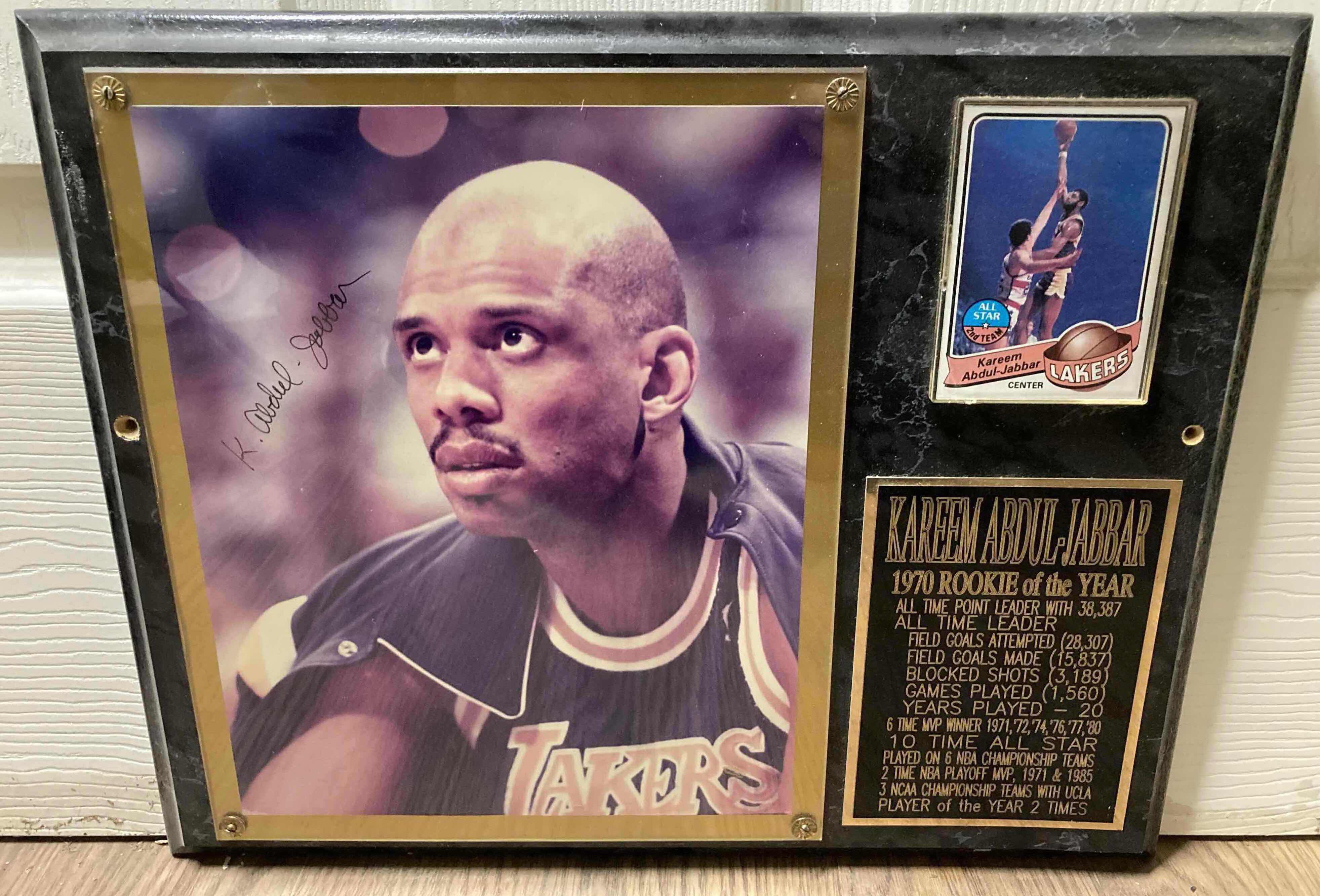 Photo 1 of KAREEM ABDUL-JABBAR LAKERS 1970 MEMORABILIA PLAQUE AUTOGRAPHED BY KAREEM ABDUL-JABBAR W PLAYERS CARD & COA 15” X 12”