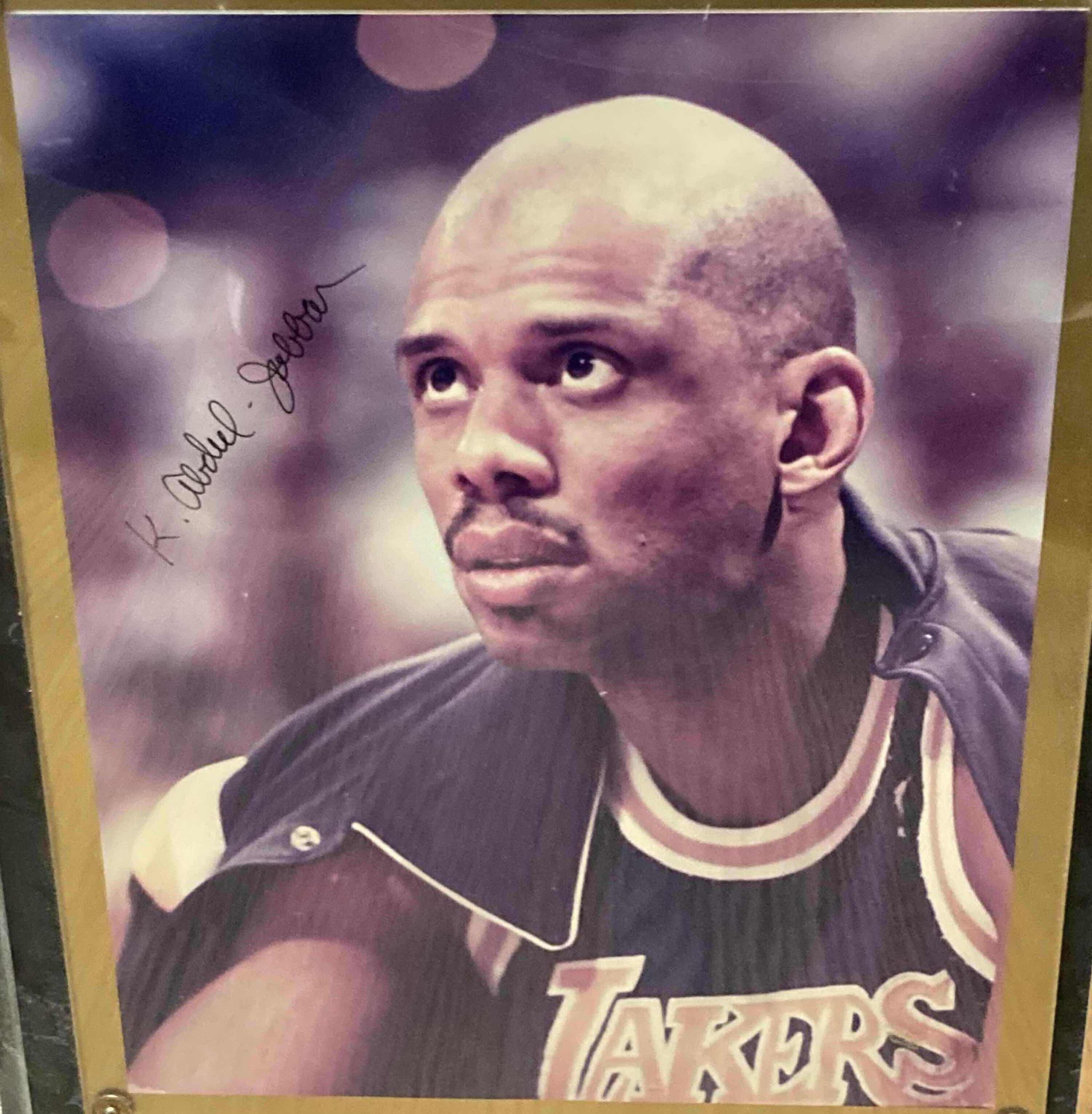 Photo 1 of KAREEM ABDUL-JABBAR LAKERS 1970 MEMORABILIA PLAQUE AUTOGRAPHED BY KAREEM ABDUL-JABBAR W PLAYERS CARD & COA 15” X 12”