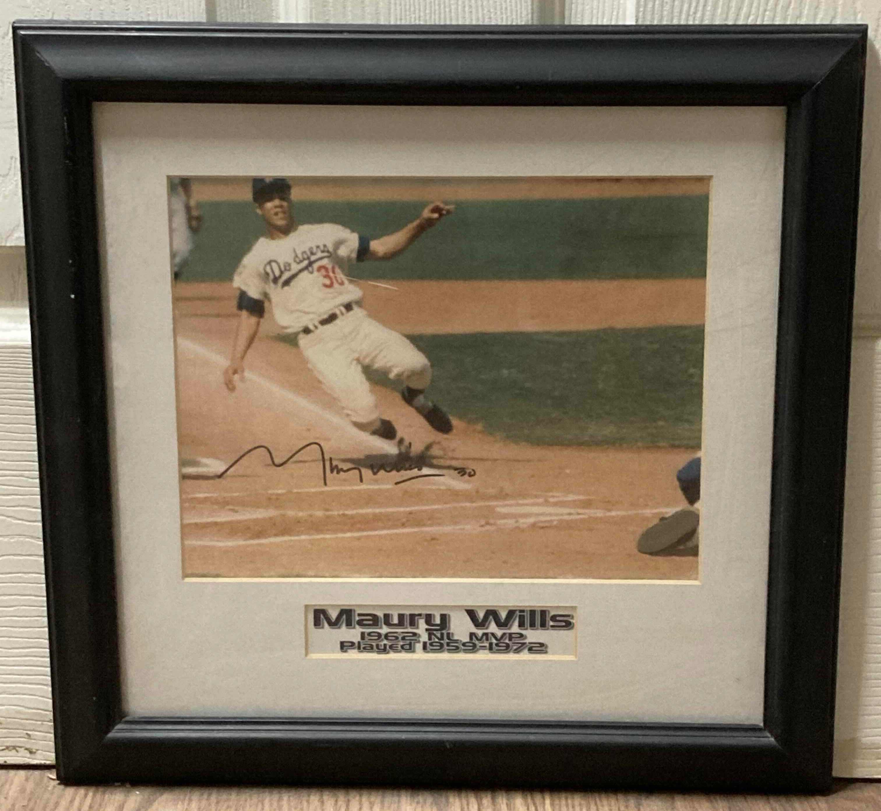 Photo 1 of MAURY WILLS 1962 NL MVP MLB BASEBALL FRAMED PHOTOGRAPH AUTOGRAPHED BY MAURY WILLS NO COA 14.5” X 14”