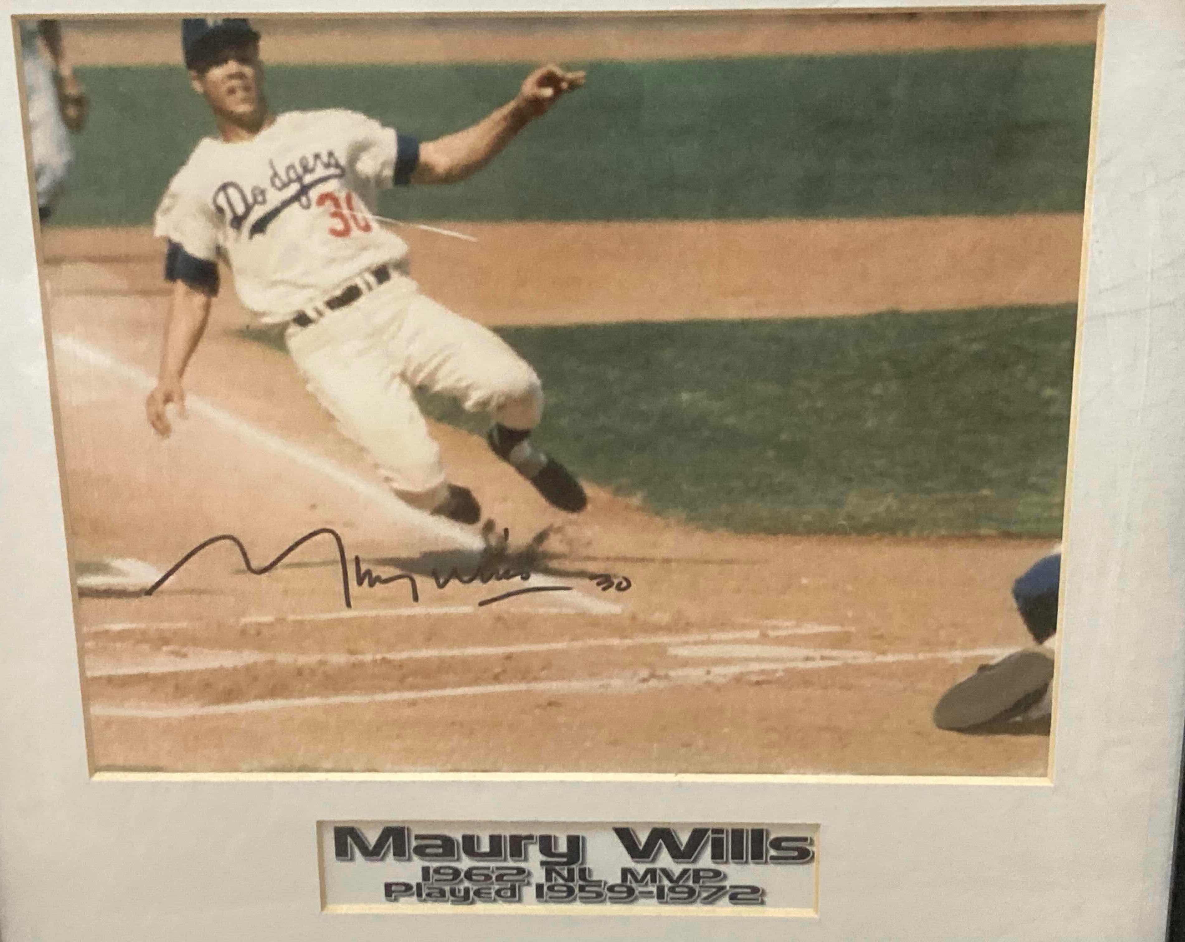 Photo 1 of MAURY WILLS 1962 NL MVP MLB BASEBALL FRAMED PHOTOGRAPH AUTOGRAPHED BY MAURY WILLS NO COA 14.5” X 14”