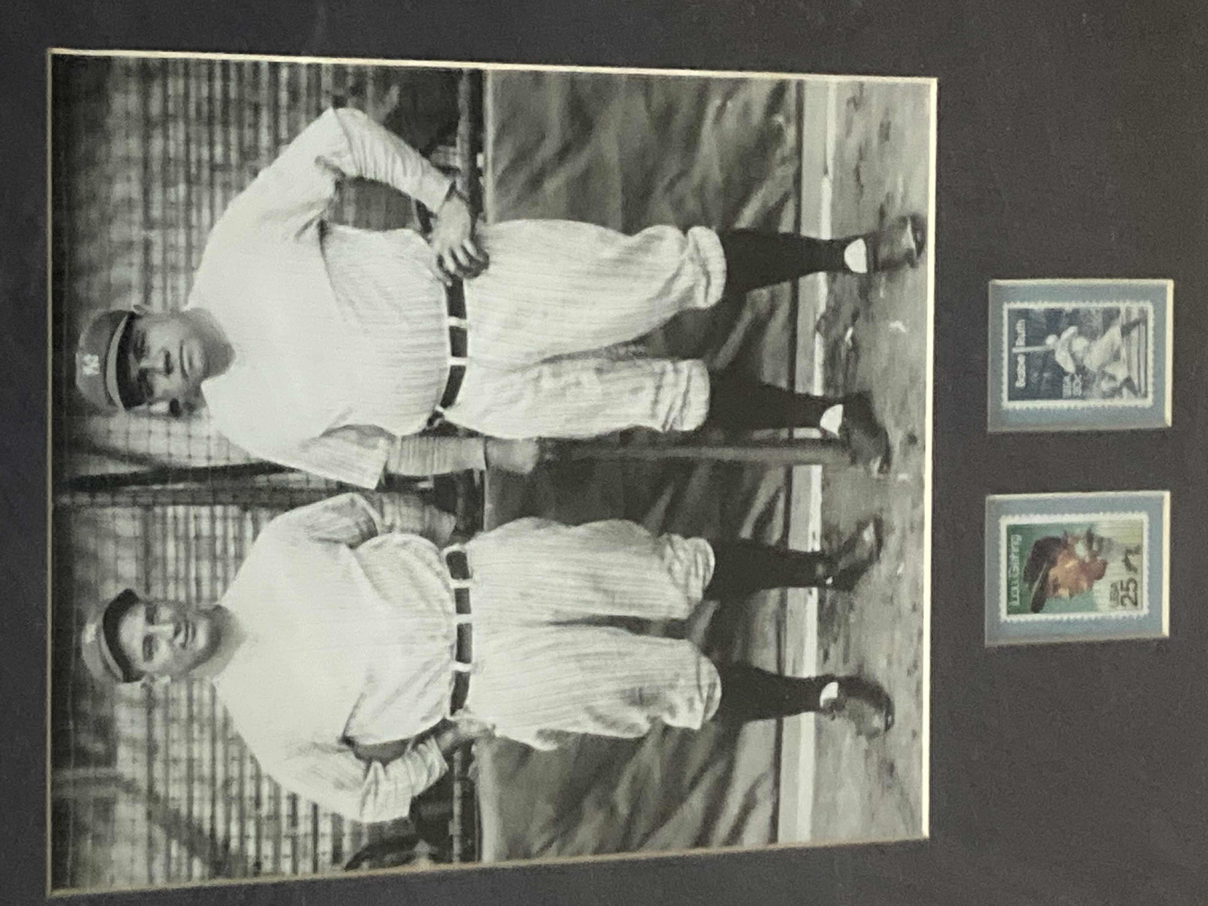 Photo 1 of LOU GEHRIG & BABE RUTH YANKEES MLB BASEBALL FRAMED PHOTOGRAPH W PLAYER STAMPS 19.5” X 13.5”