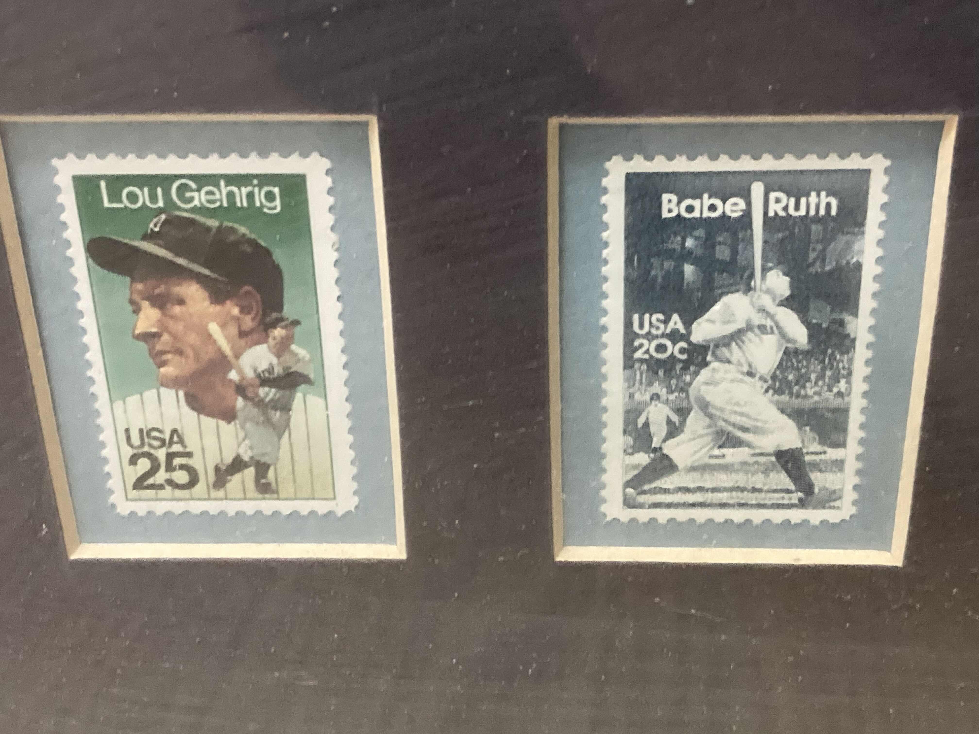 Photo 1 of LOU GEHRIG & BABE RUTH YANKEES MLB BASEBALL FRAMED PHOTOGRAPH W PLAYER STAMPS 19.5” X 13.5”